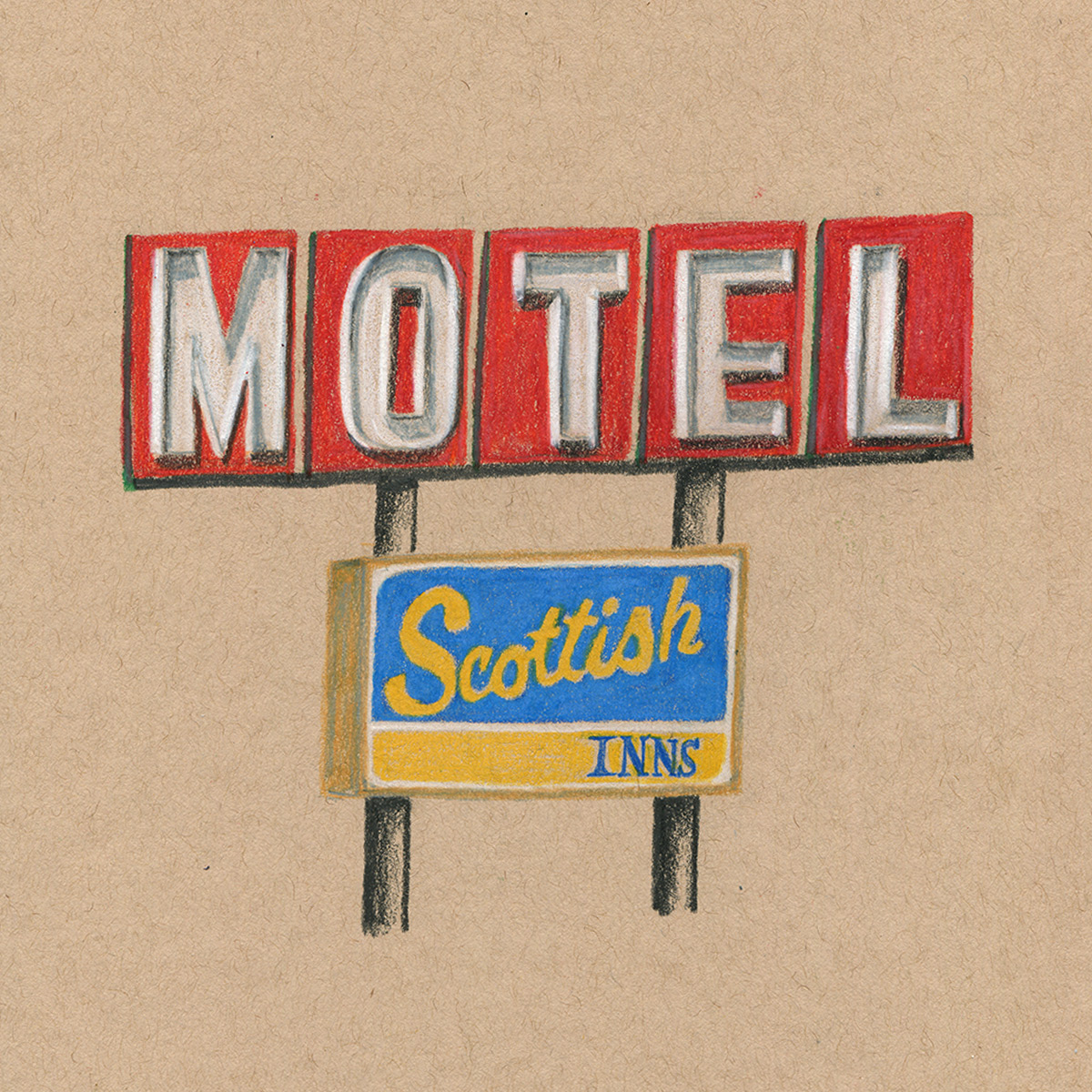 Scottish Inns Motel, colored pencil drawing on toned paper 8x8"