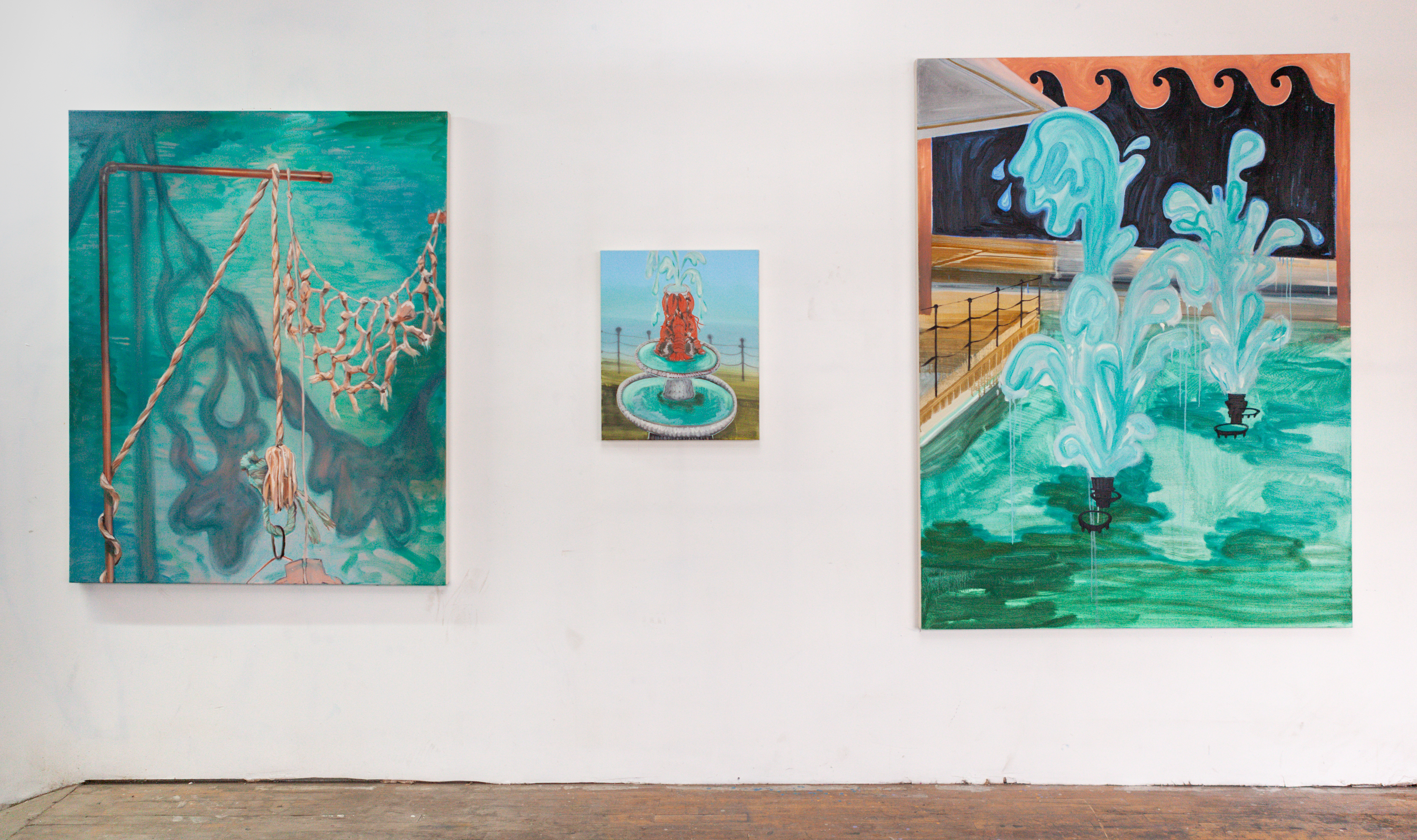 From left to right: (1) Slip through the net, oil on canvas, 48 x 60 inches, 2021. (2) Time and tide wait for no one, oil on canvas, 20 x 24 inches, 2021. (3) Sensing displacement from the inside out, oil on canvas, 54 x 72 inches, 2021.