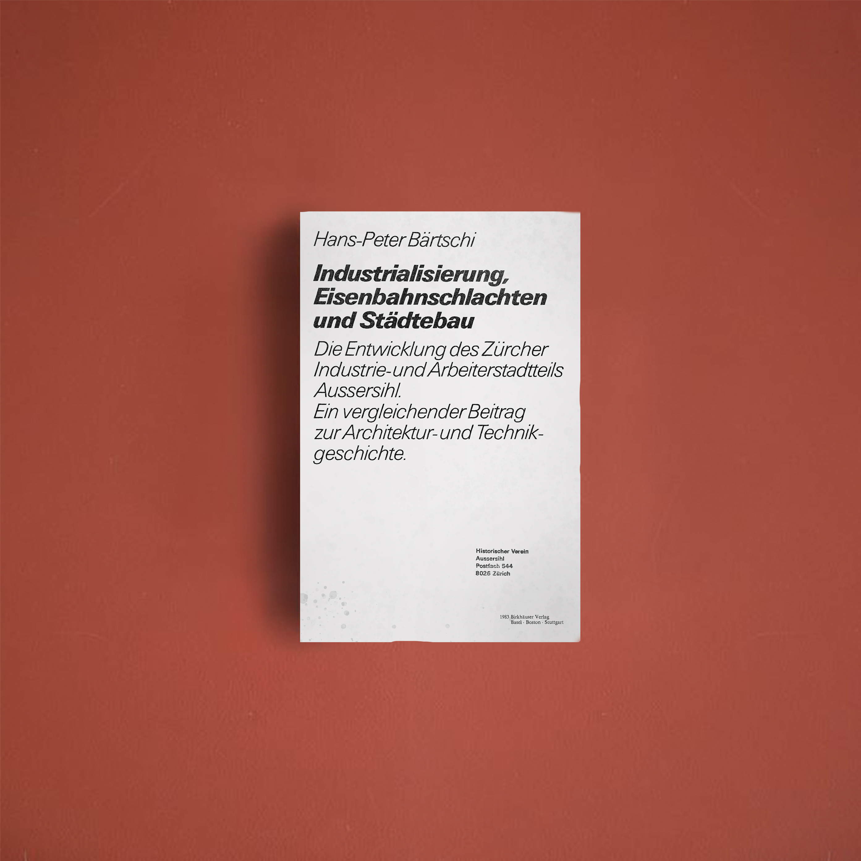 Hans-Peter Bärtschi Industrialisierung, Eisenbahnschlachten und Städtebau, Basel-Boston-Stuttgart: Birkhäuser Verlag, 1983Aussersihl: «The labour movement of the city of Zurich has grown out of this district, and it was on its soil that the workers' movement, awakened to self-confidence, has had the greatest influence on the movement». In this research, complex technical, economic, social and political interrelationships will be illustrated by means of the urban planning, architectural development of the industrial and workers' district of Aussersihl. Inventories and typologies of residential buildings, factory, railway and infrastructure buildings are intended to broaden the interest of cultural heritage protection and to awaken an understanding of sources and monuments of technological and social history. 