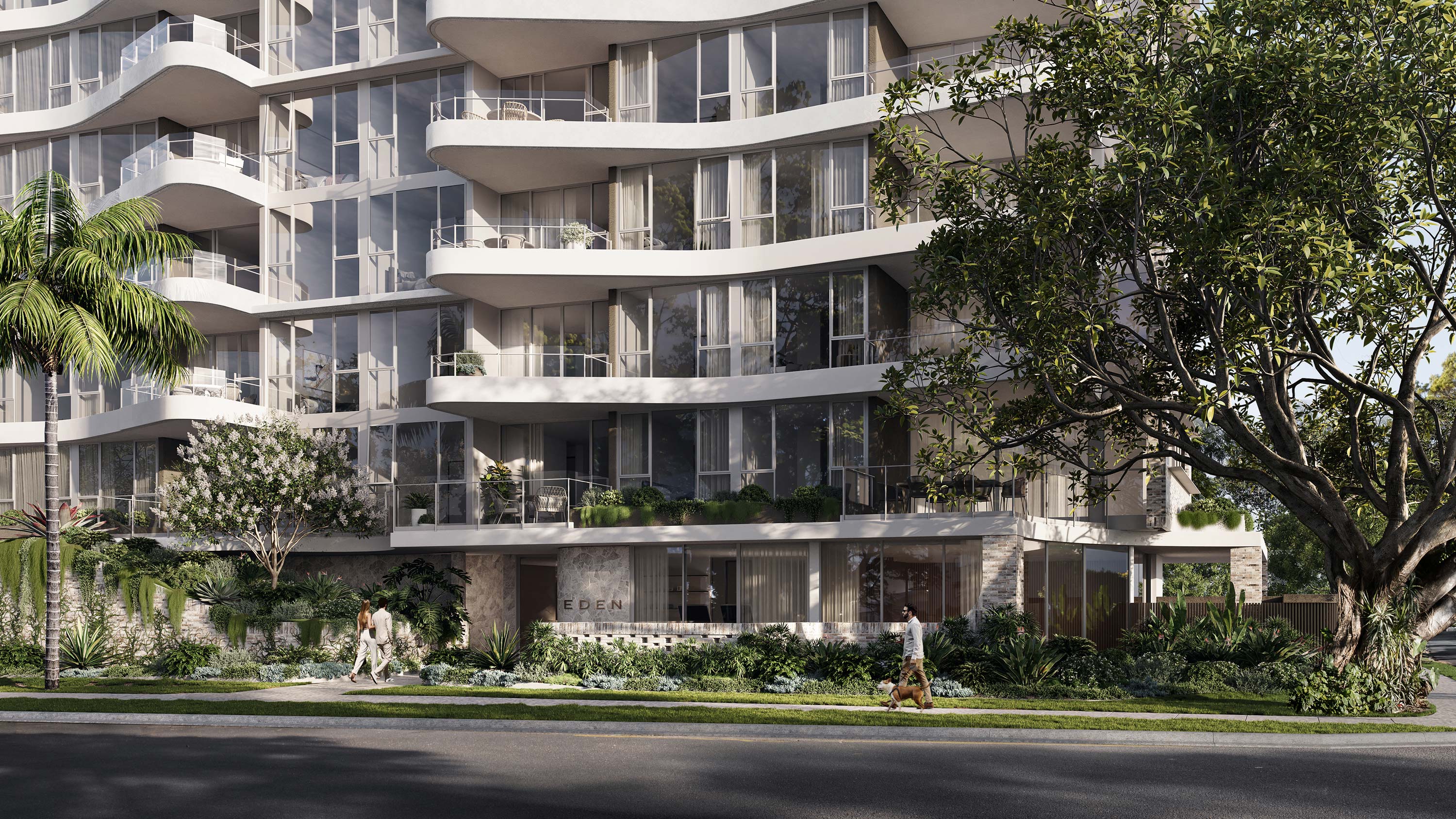 Street view of a new apartment building, showcasing its modern design and spacious layout.