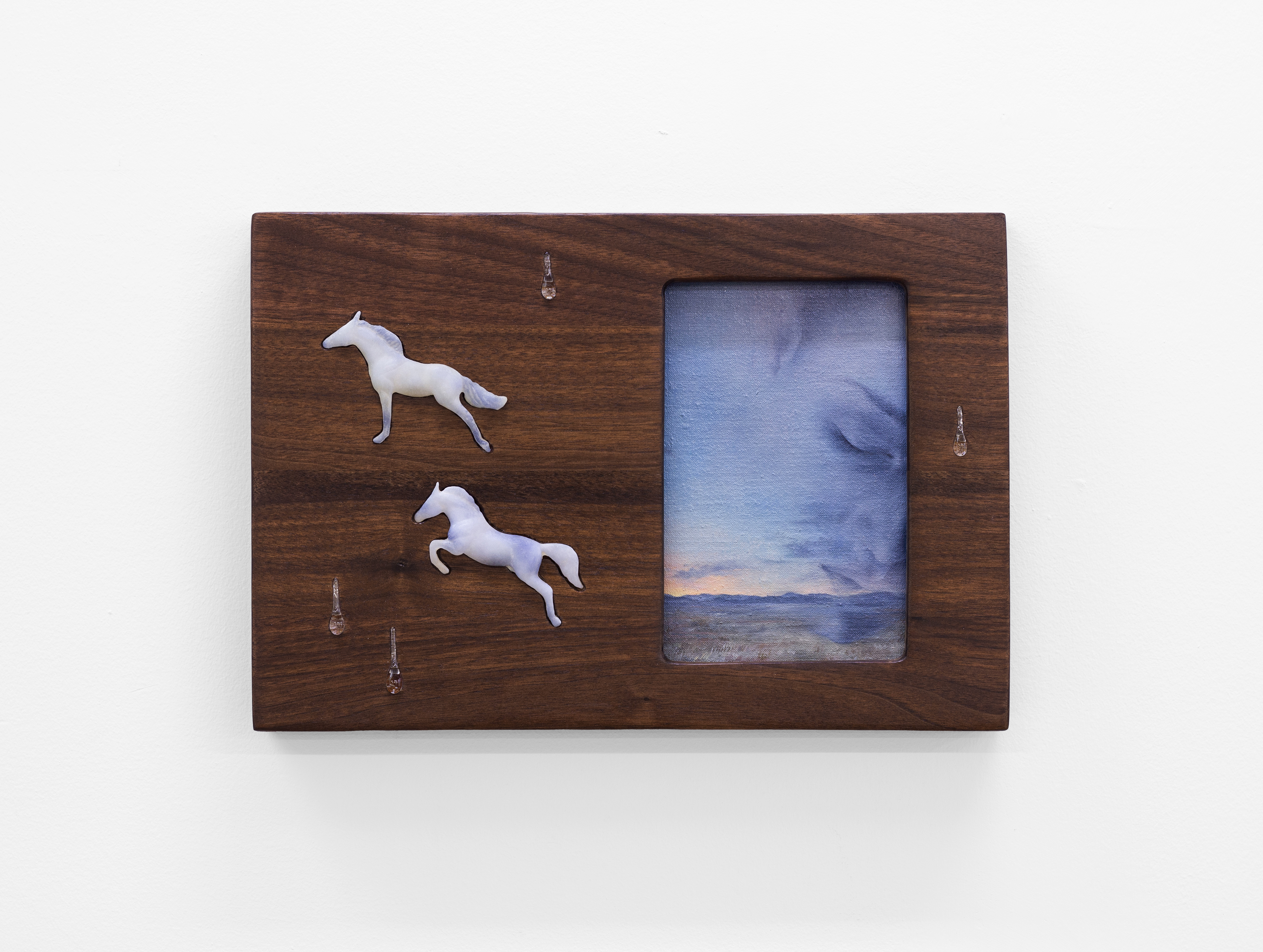 Night Dreamer, 2024, oil paint on linen-wrapped wooden board, walnut wood, glass, caulk, 16 x 11 x 1.5 in.