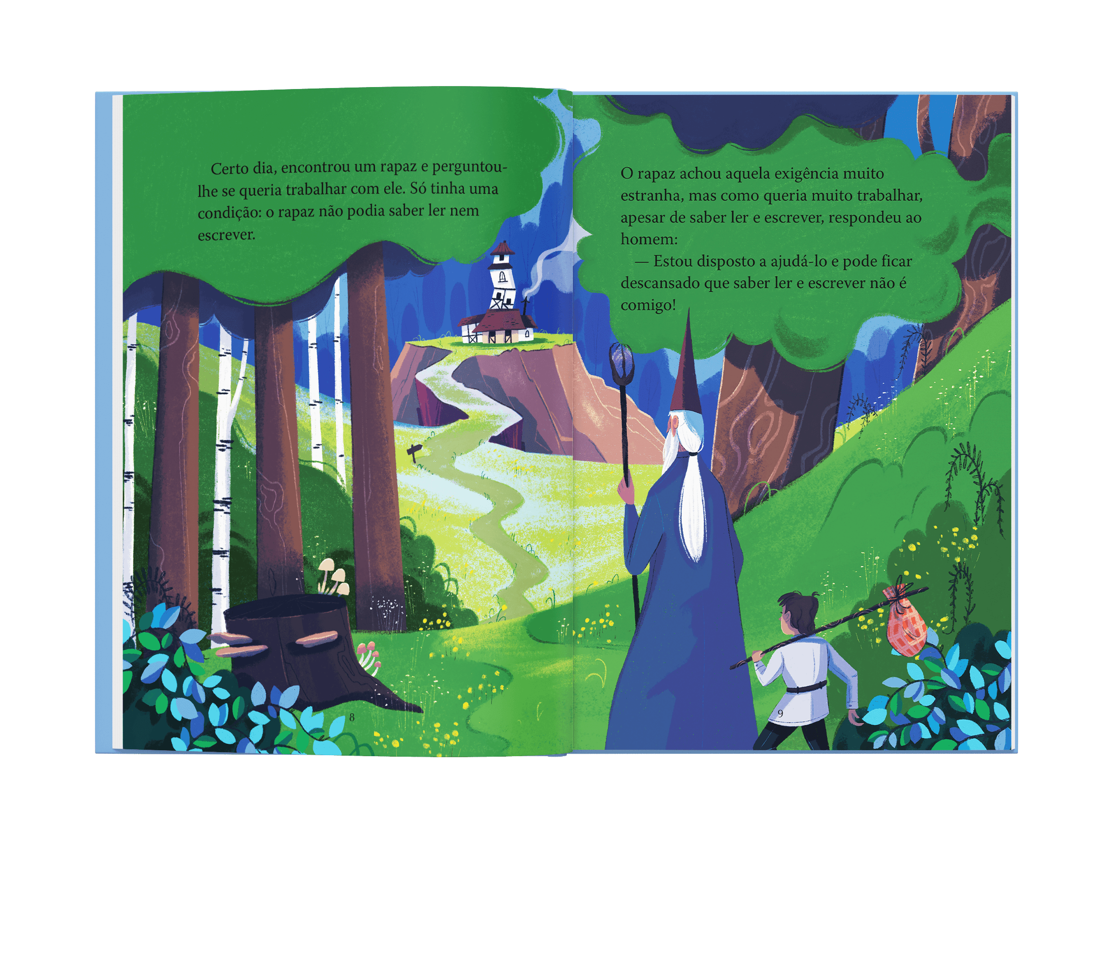 A wizard and his apprentice walk through the wood towards his house showed in the background