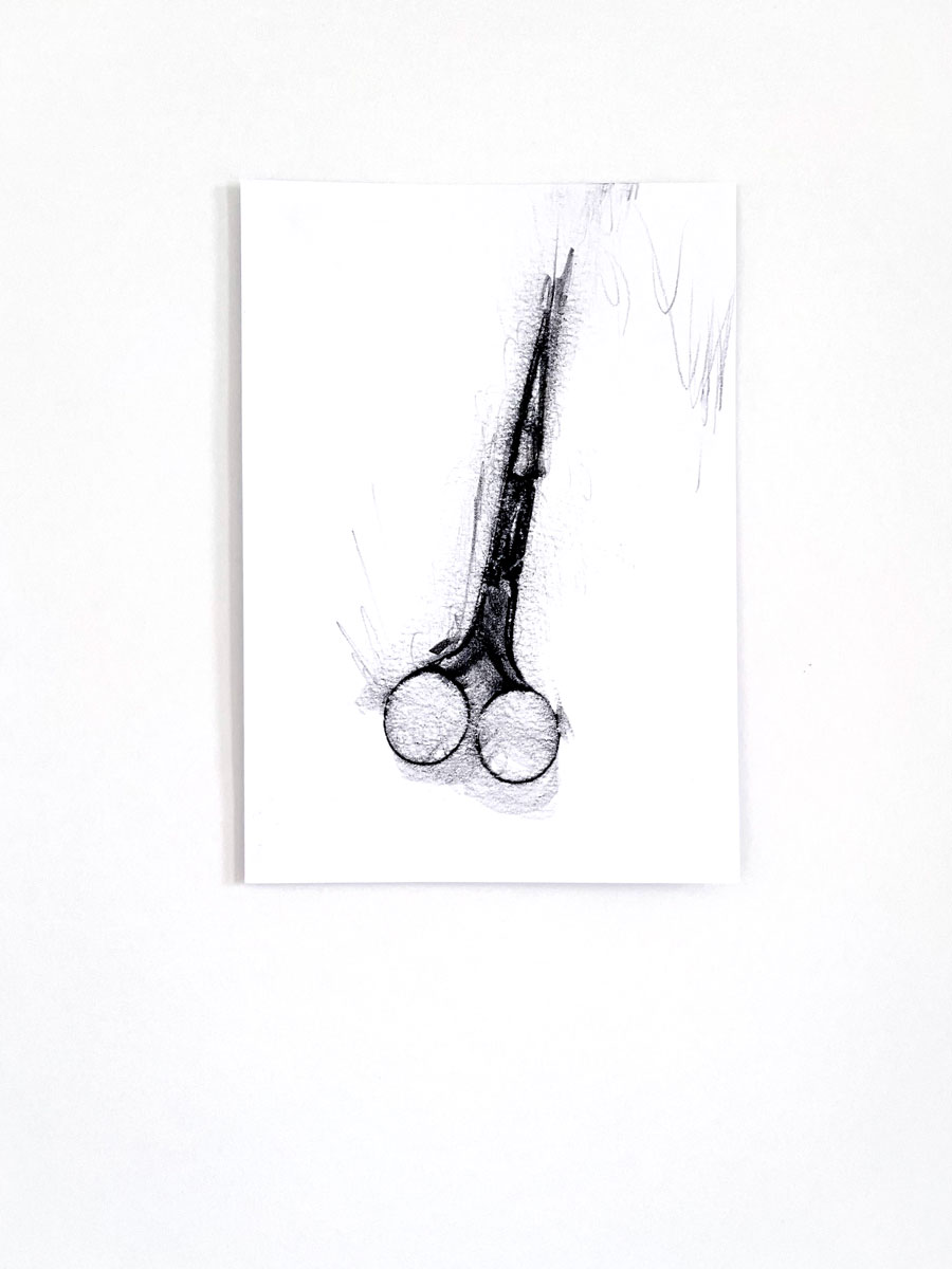 12/26 — SCISSORS.During her residency at the MQ21 in Vienna, Austria, as part of her Fulbright Independent Scholar appointment, Quinn began working on a companion drawing project to The Haircut while conducting new research on women's representation in media.  Charcoal, drawing pens and markers, oil pastel, paint, and pencil, the group of seventy-some drawings ranges in size from A5 to A2 on various papers; 2021-ongoing.