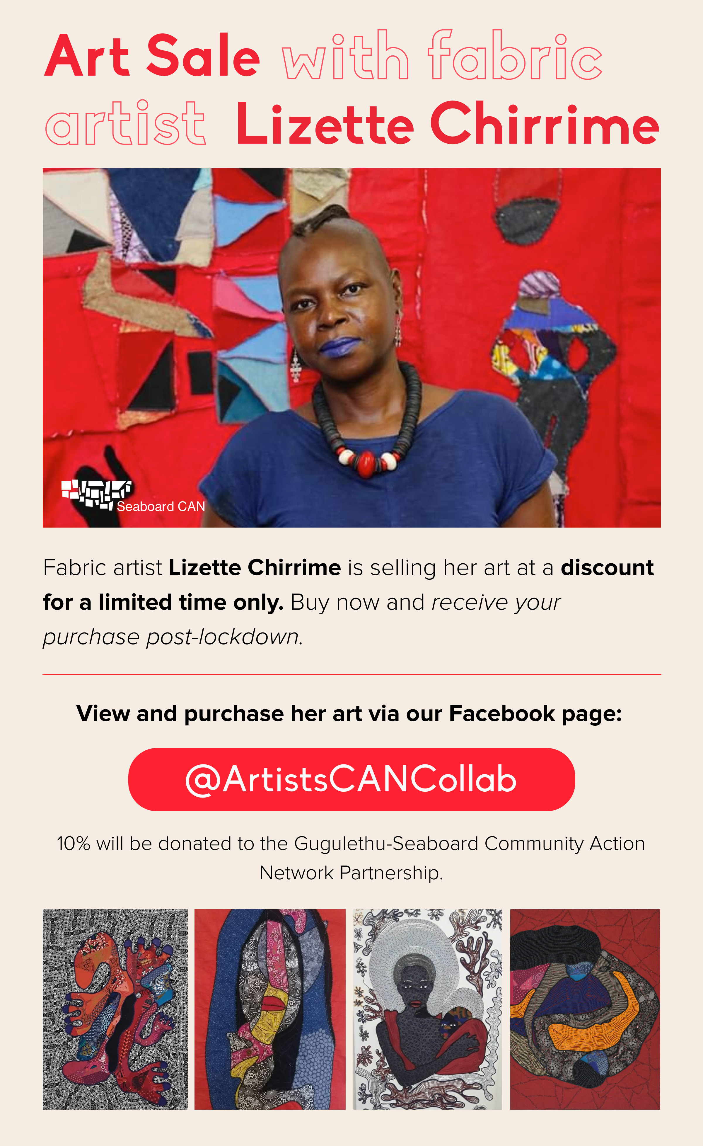 18.04.2020 Artists CAN Collab has partnered with textile artists Lizette Chirrime. Take a look at her artworks on offer via our online gallery space or Facebook page.
