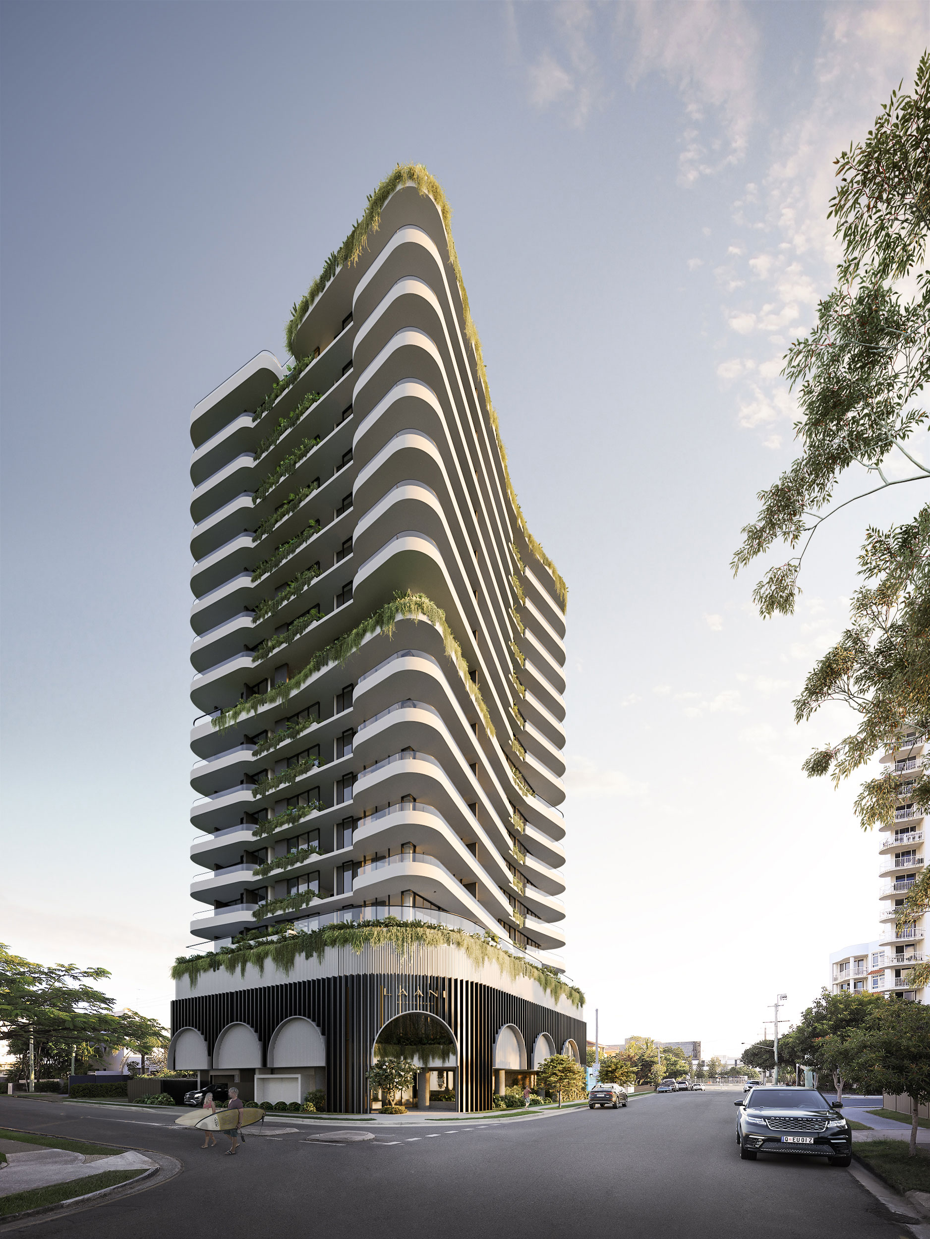 An artist's rendering of a sleek new apartment building in the heart of the city, offering modern living spaces and stunning architecture.