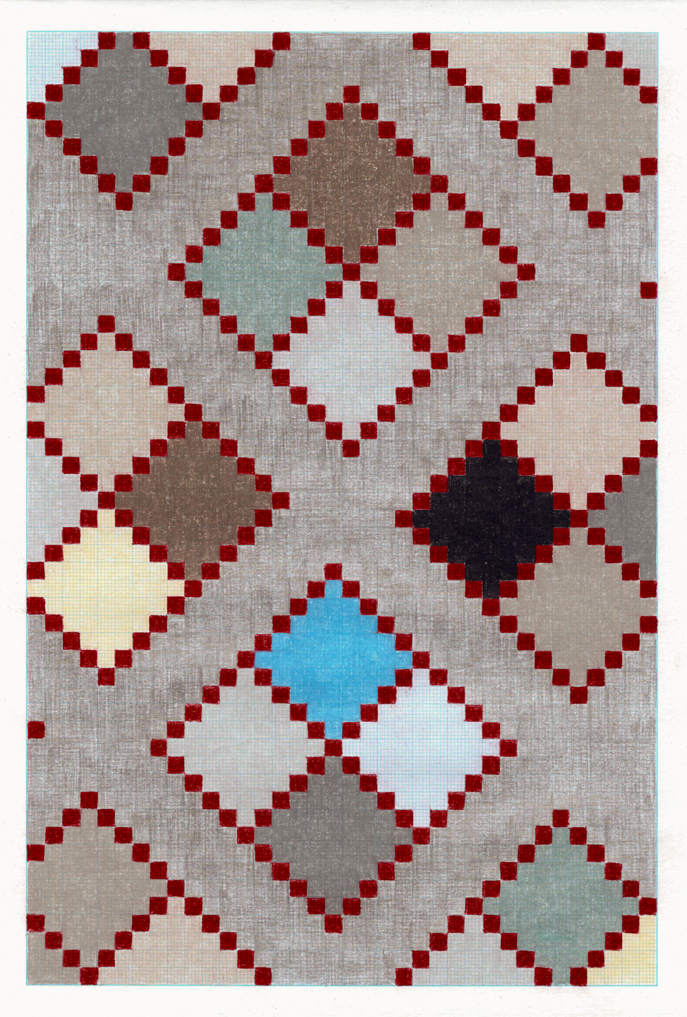 Untitled (1mm squares), 2024, Coloured pencil on graph paper, 29 x 20 cm