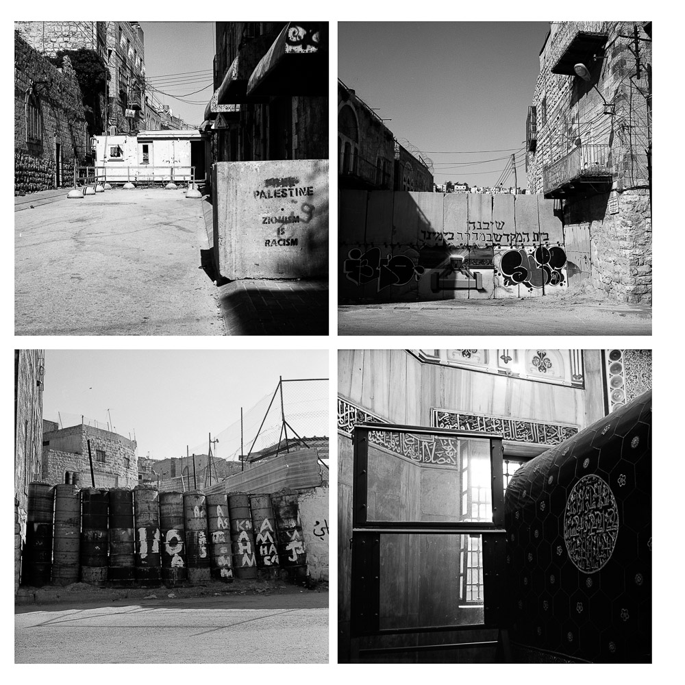 Hebron, juillet 2011. La ville est un des lieux o&ugrave; les tensions sont le plus exacerb&eacute;es. Les enfants palestiniens sont quotidiennement victimes des exactions des occupants. Haut et bas gauche : Shuhada Street a &eacute;t&eacute; compl&egrave;tement barr&eacute;e par l'arm&eacute;e isra&eacute;lienne, et est interdite aux Palestiniens. Bas droite : Tombeau des Patriarches. Une vitre blind&eacute;e s&eacute;pare la mosqu&eacute;e de la synagogue.