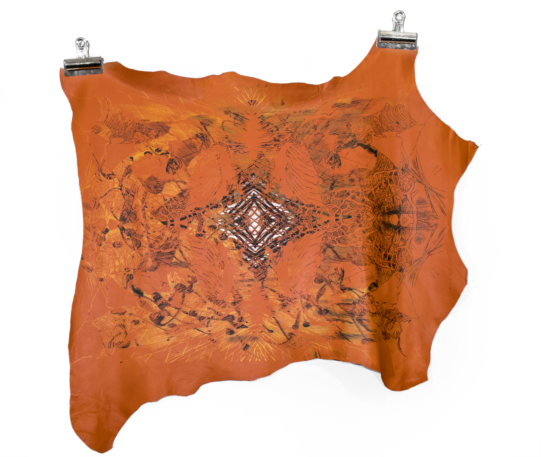 Family Tragedy (2019), silkscreen on leather, 37 x 28 in / 94 x 71 cm