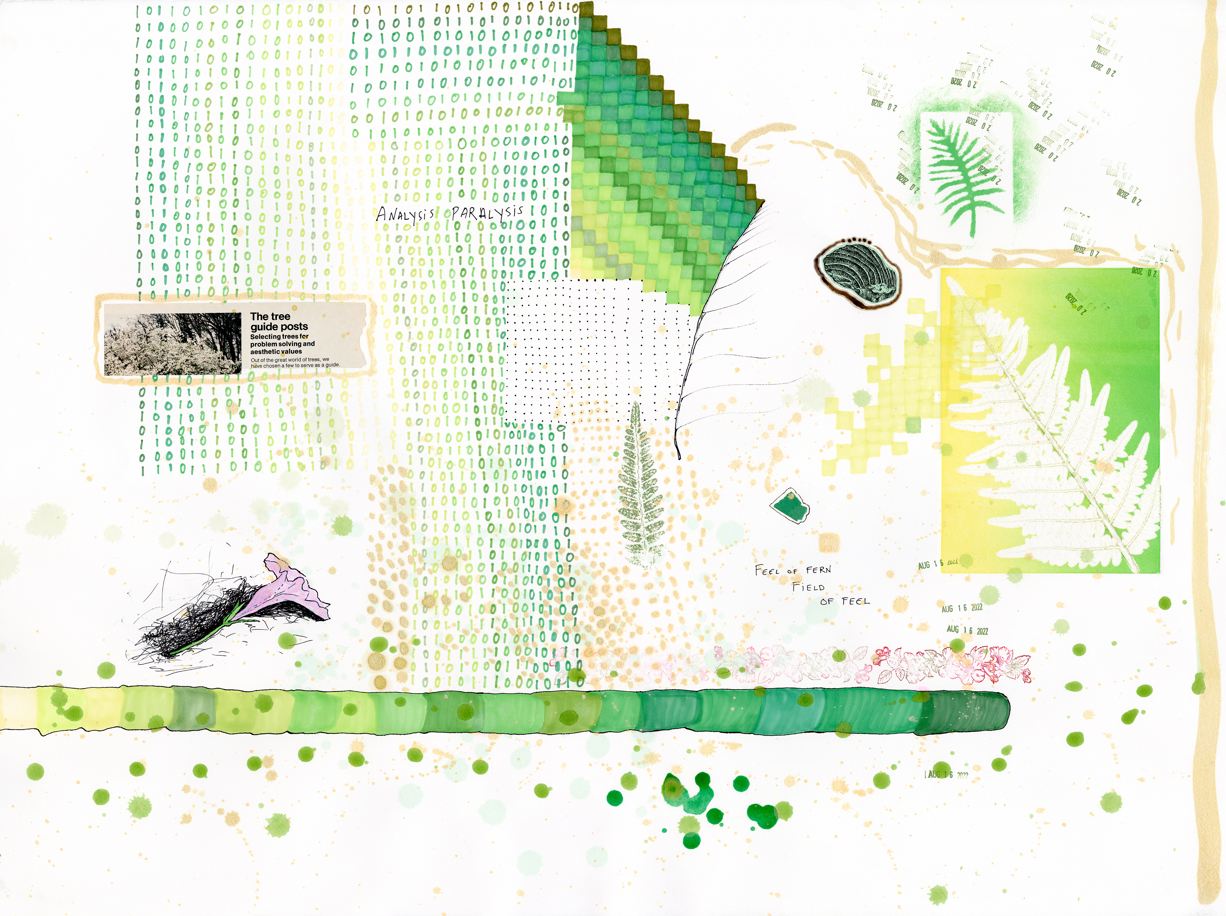Drawing 3/56 from 56 days at the Dome House 22.5 x 30 inches, ink, Chine-collé, etching and stamps on Arches 88 paper- BUY