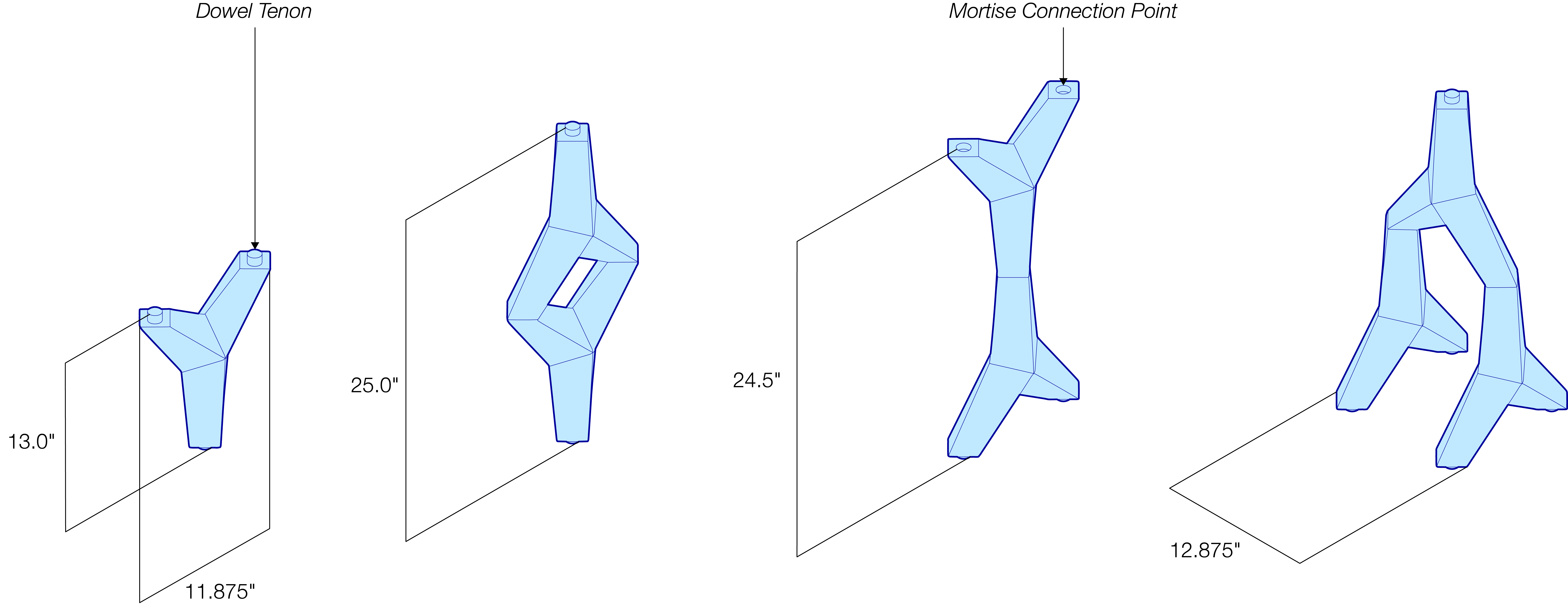 Dimension Drawings showcasing the possible forms created through various mortise and tenon connections.