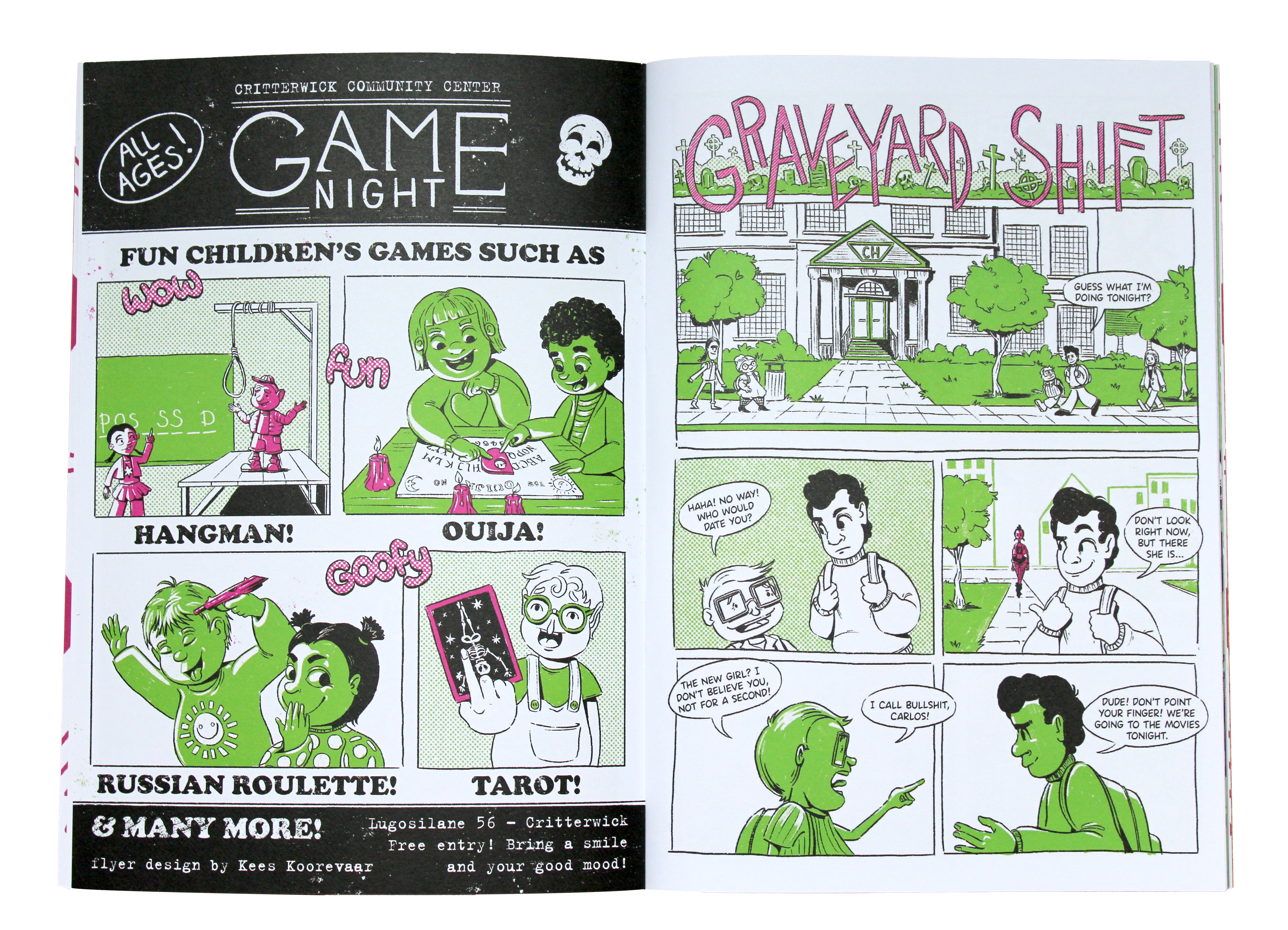 Comic spread and narrative illustration / stripverhaal layout voor Ghostly Gossip zine.