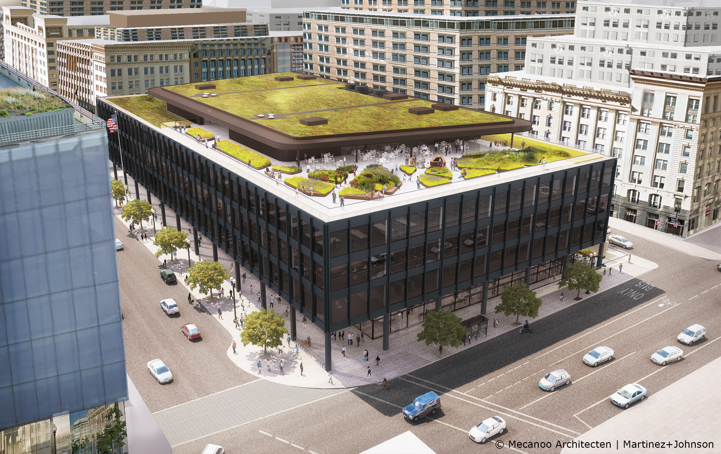 5. Aerial view of the proposed renovation of the MLK Library, designed by Martinez+Johnson Architecture—now with OTJ Architects—and Mecanoo Architecten