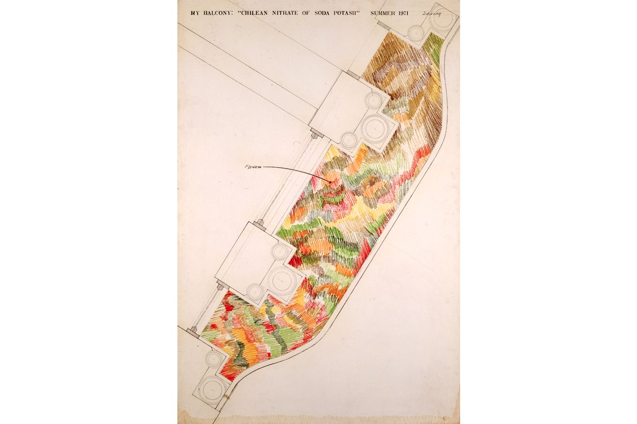 Juan DowneyMy Balcony_Chilean Nitrate of Soda Potash, 1971 (Verano)Lápices de colores y grafito sobre tablero Bainbridge103 x 153 cm