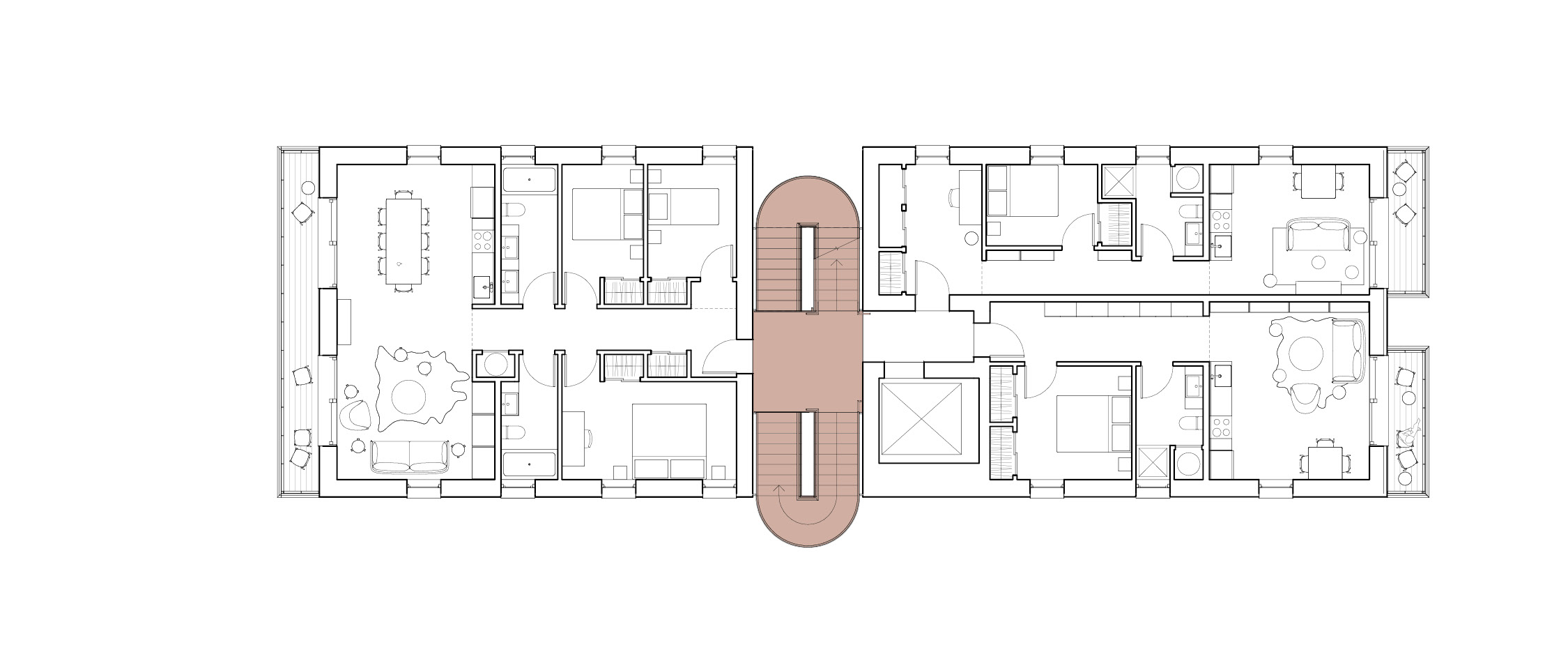 Second through Fifth Floor Plans. From Left: Street-Facing Balcony, Three-Bed Unit, Stair & Elevator, One-Bed Units, & Rear Balconies