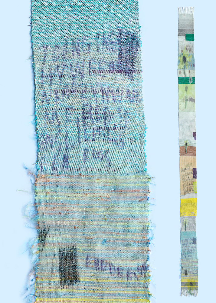 Detail. Handwoven fabric of polyester, lurex, cotton, wool, and nylon. Warp printed with sublimation inks.