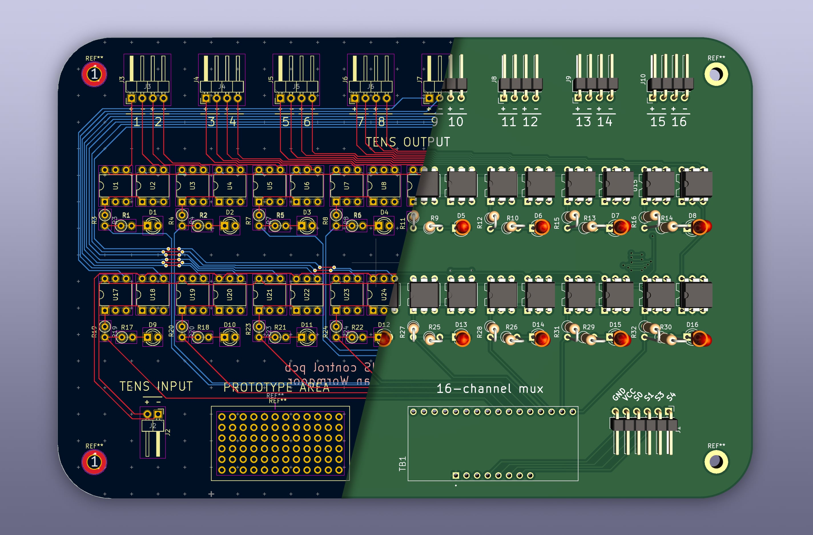 Custom circuit board creating 16 channels of TENS stimulation. Two boards were used (leaving room for expansion).