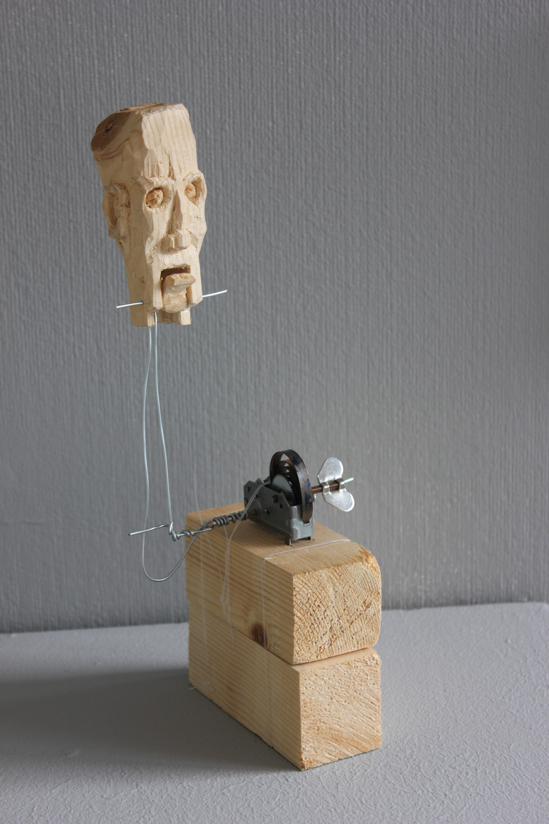 Portrait. 2015. Clockwork motor, steel wire, pine wood, fishing wire 27 (h) x 12 (w) x 10 (d) cm