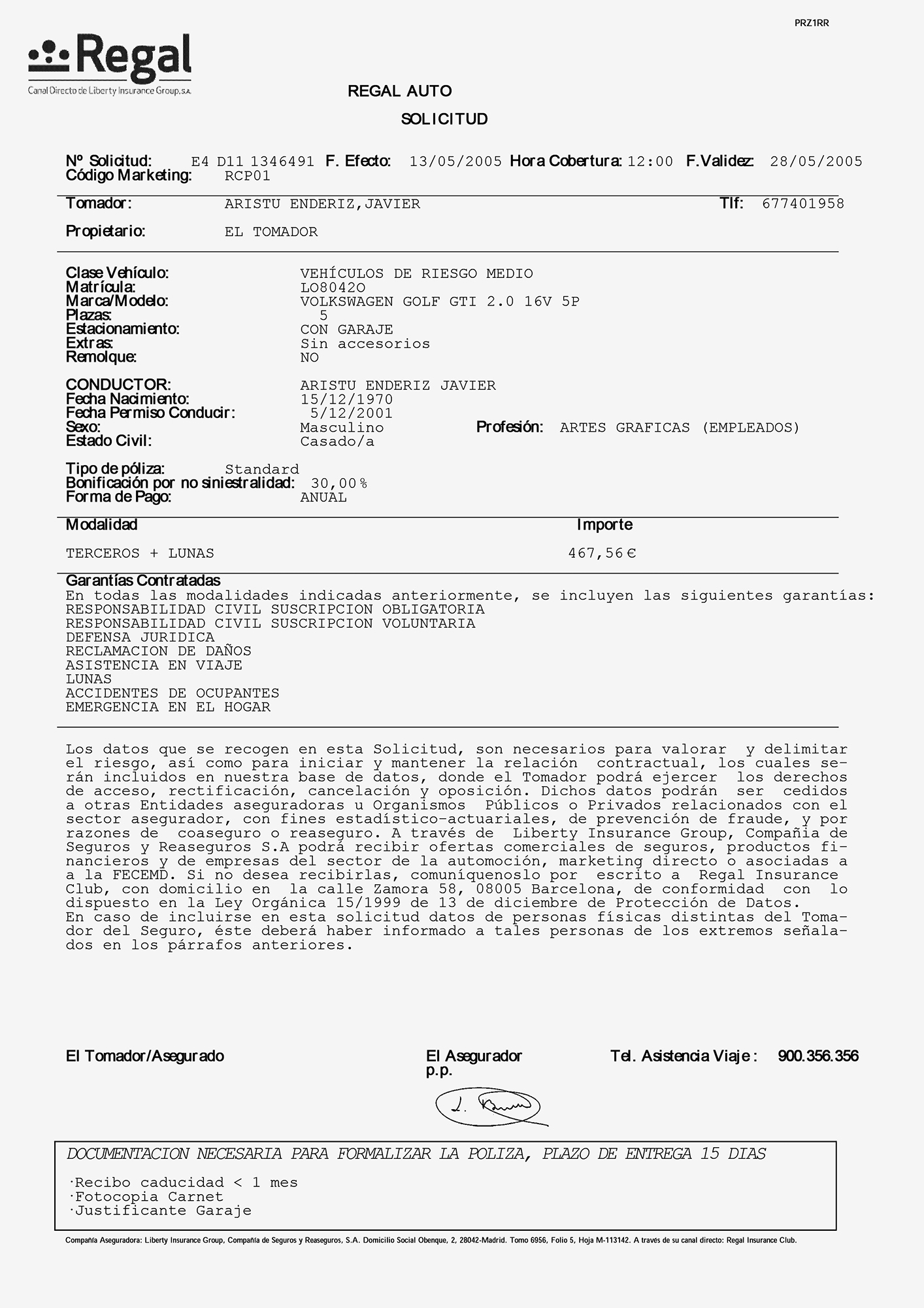 Solicitud de póliza de seguro de vehículo de riesgo medio, Barcelona, 2005