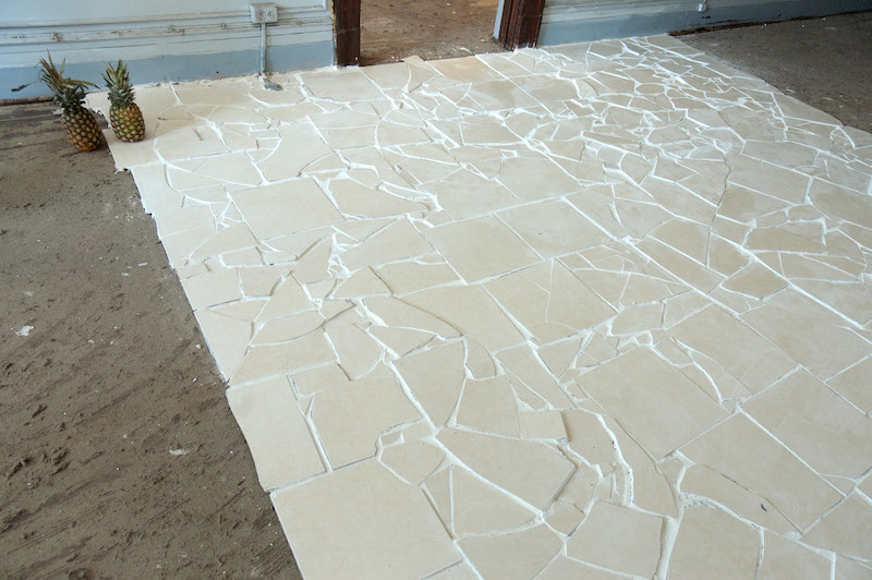 Samuel Payne, 1,380 lb Gambit, June 20, 2013-March 8, 2015, Tile, thin set, grout, chalk line dust, fruit peels, photograph, threshhold, dimensions variable