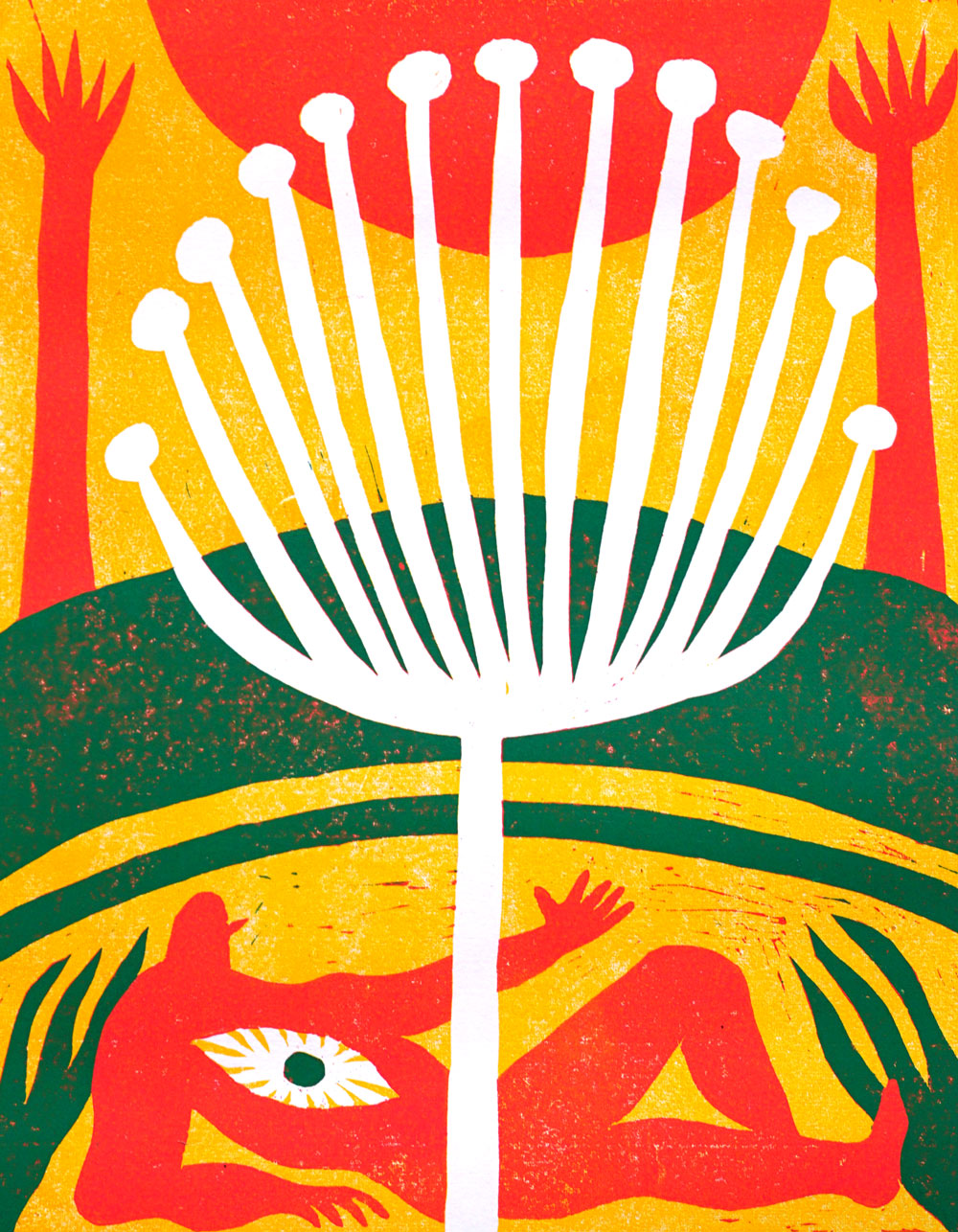 Heat Wave, three-layer reduction linocut