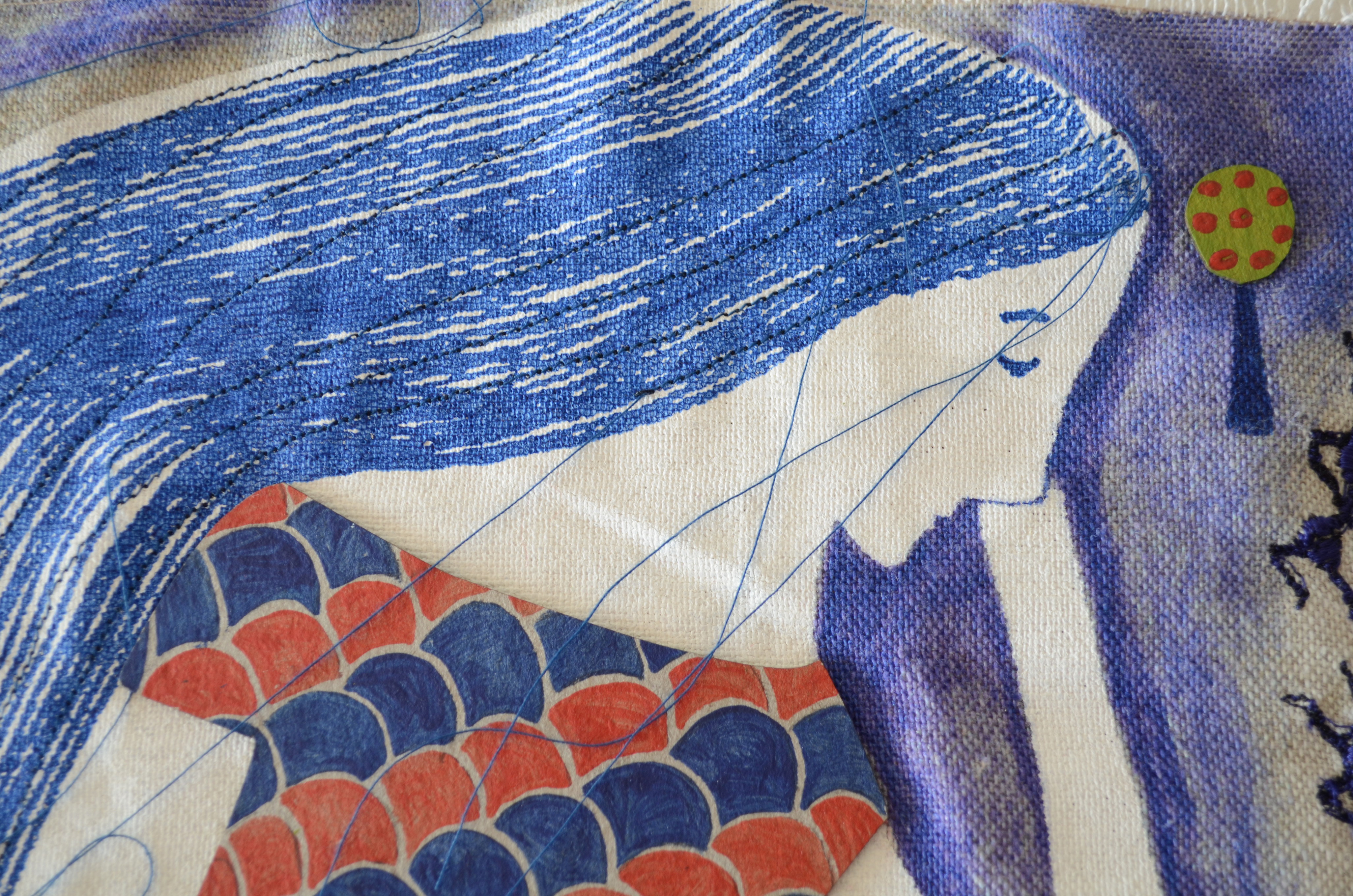 Watching a Line of Ants (textile study I); inkjet print, silkscreen print, collage and embroidery on linen; 44 x 50 cm