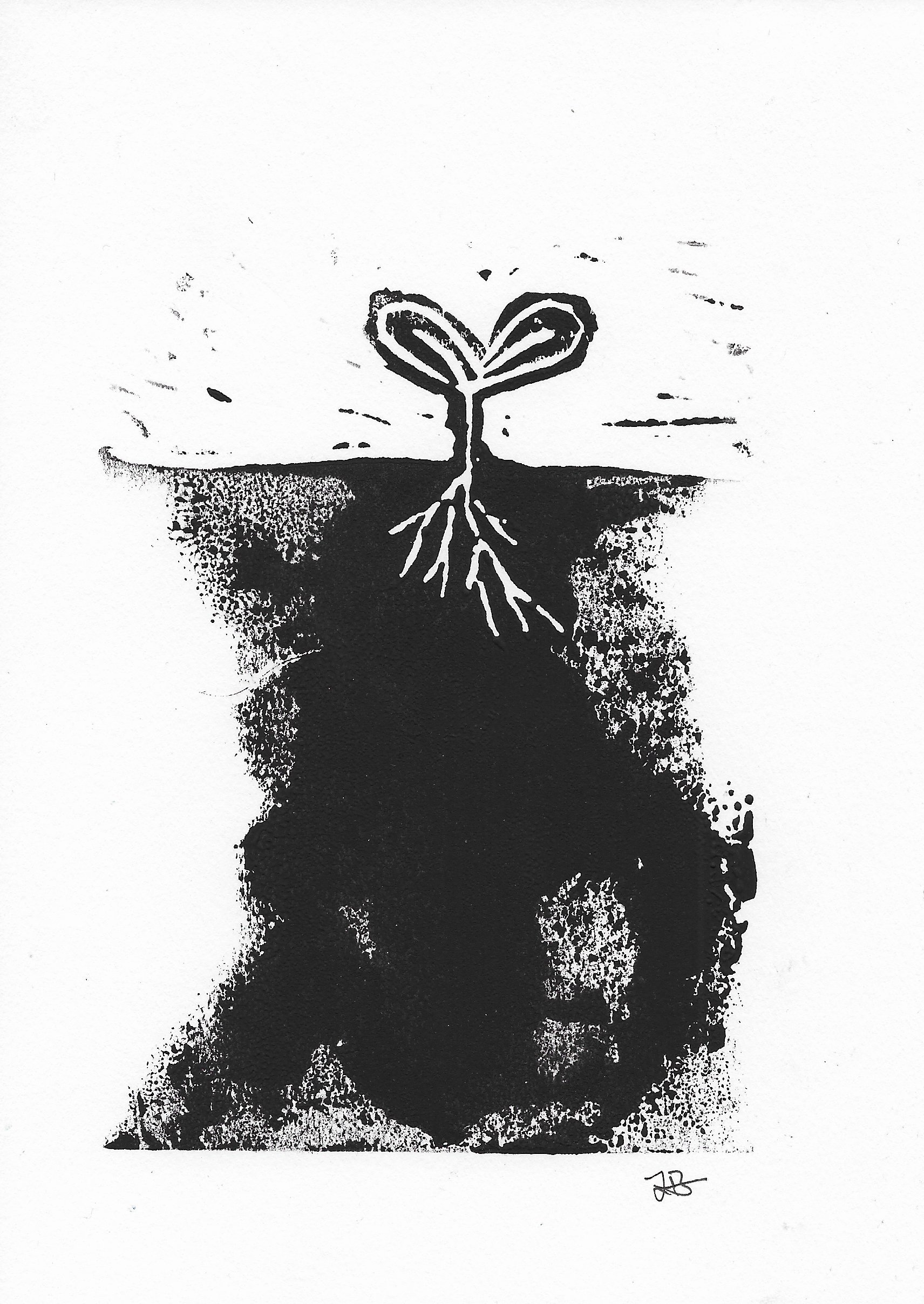 Seedling, II, 2021, linoleum block ink print, 6”x4”