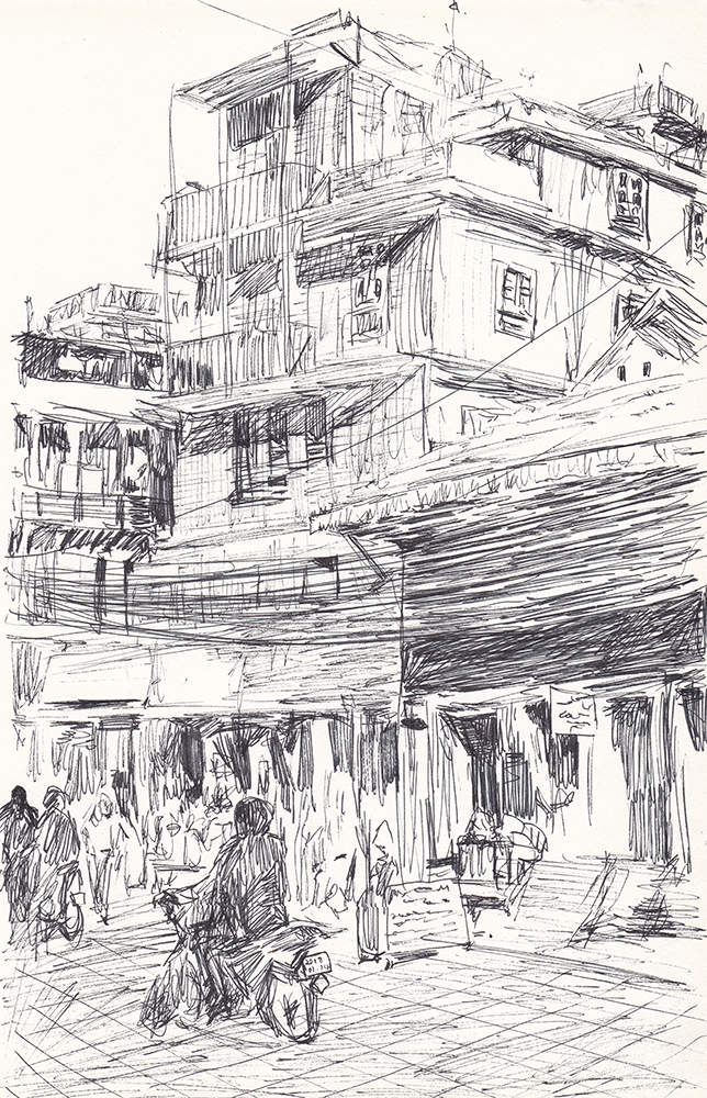 At the street in Kathmandu, 2018, pen on paper, 24.1*17(cm)