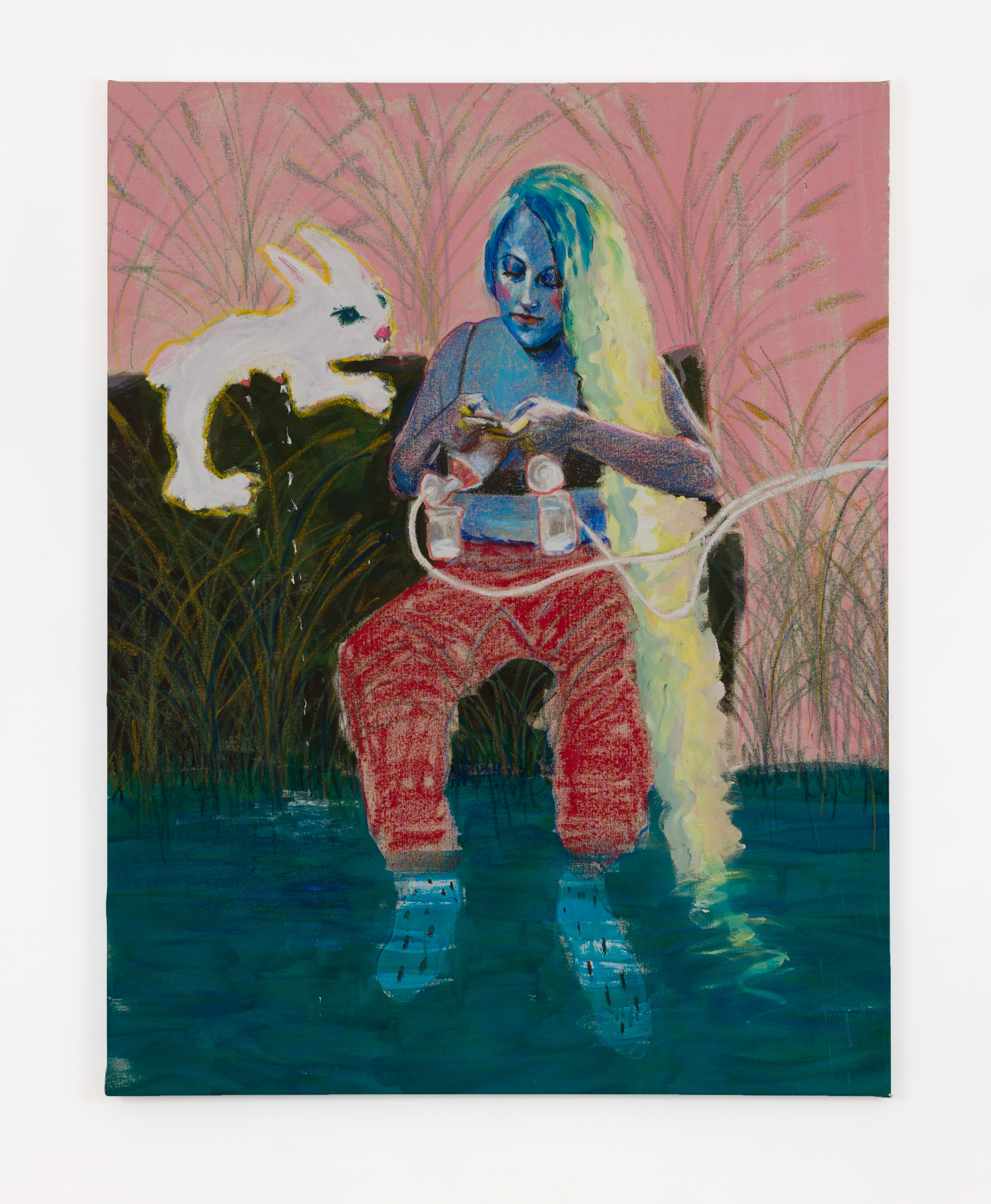 Rebecca Rau, Other Ways to Feed Fish no. 1, 2021, Acrylic and pastel on canvas, 57 x 44 in. (144.8 x 111.8 cm.) (RR0008)