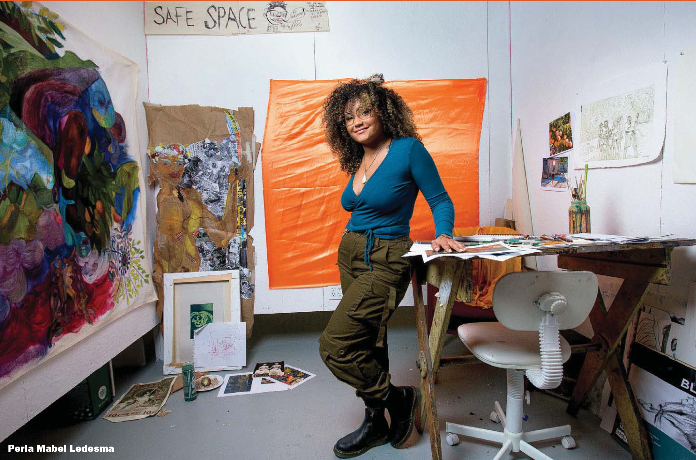 Perla Mabel (they/them) is an Afro-Caribbean multi-disciplinary artist, born in Boston, MA, raised in the U.S. and the Dominican Republic. They deeply identify with their Dominican heritage, channeling themes of survival and recalling historical events and figures from their culture. Their practice reclaims their Blackness by incorporating satin fabrics used in rituals practiced in Santeria. Mabel honors the people they paint by using the fabric as their canvas, along with other materials, beads, and objects.