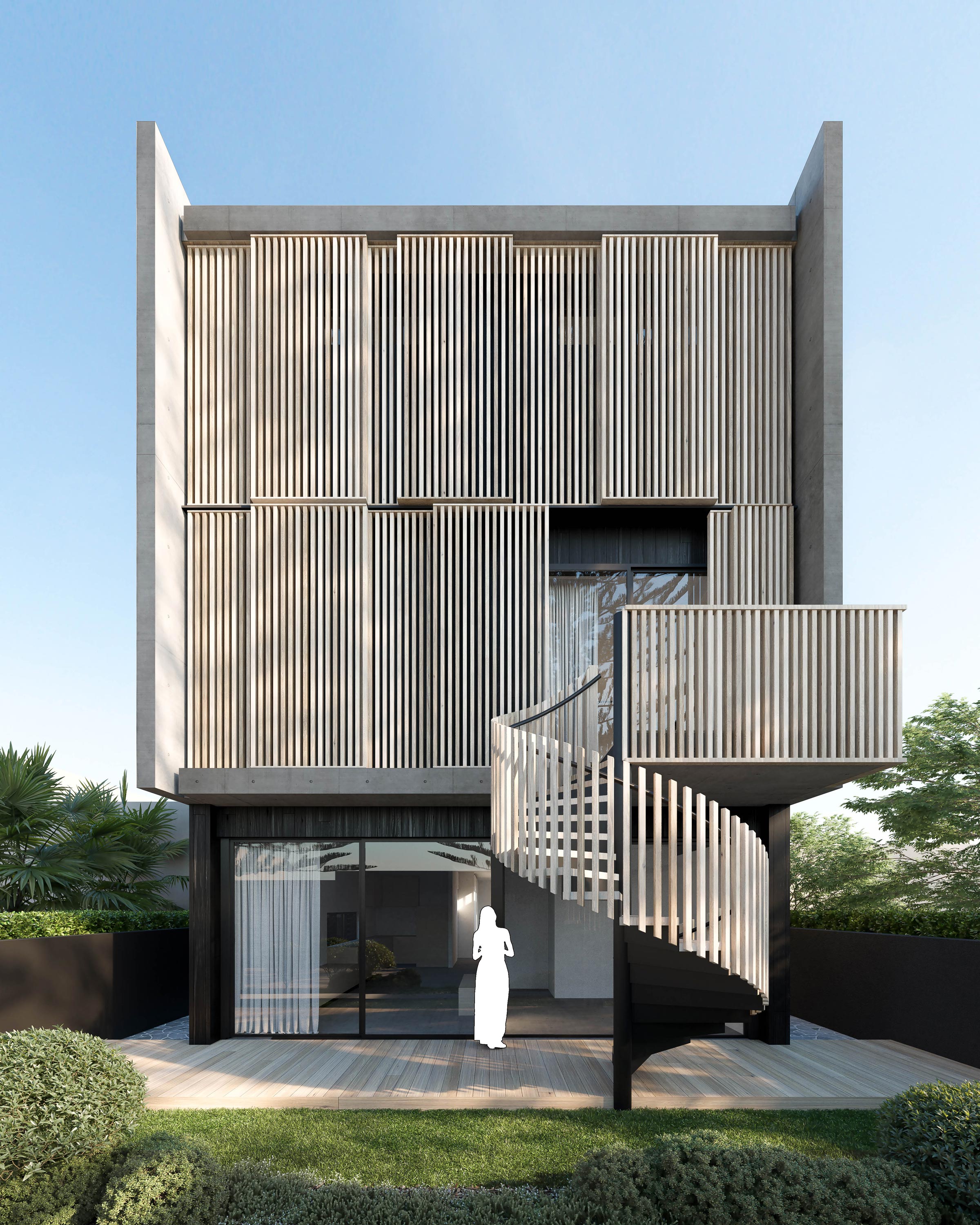 Exterior courtyard of a bold new residence, featuring moveable timber screening and a spiral staircase.