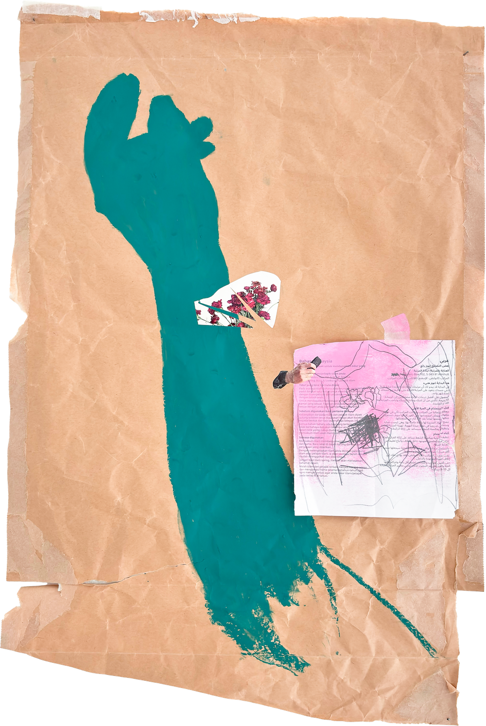 mão verde [green thumb], 2024magazine and paper cut-outs, oil pastels63x41,5 cm