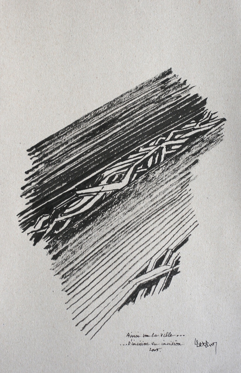 Claude Parent, Ainsi va la ville, 2005, Feutre sur carton, 35 x 22 cm, Courtesy de l'artiste