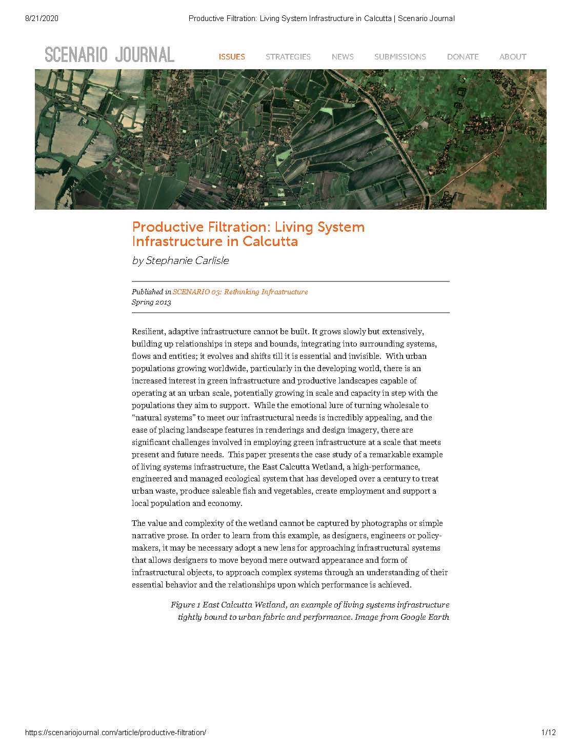 Carlisle, Stephanie.  "Productive Filtration: Living System Infrastructure in Calcutta," Scenario Journal, Spring 2013