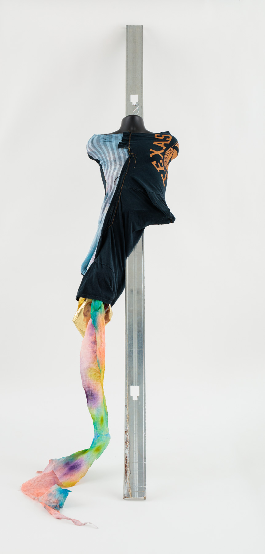 Unraveling, 2017, Steel stud, display torso, fabric, thread, 97 x 25 x 16 inches