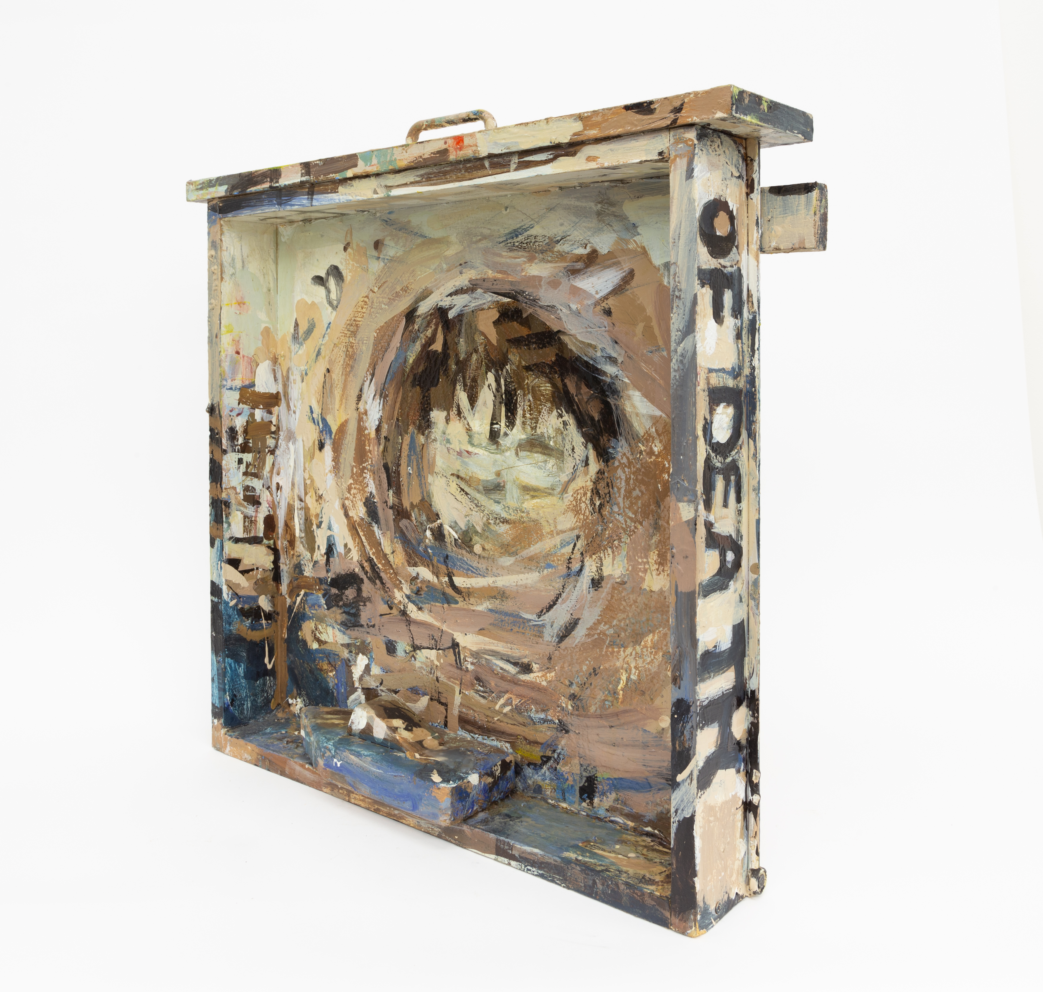 Cay Bahnmiller, Ship of Death, 1997-2003, oil, latex, Sharpie, wood boat, plastic doll, collage on wooden drawer, 24 x 24 x 5.25 inches