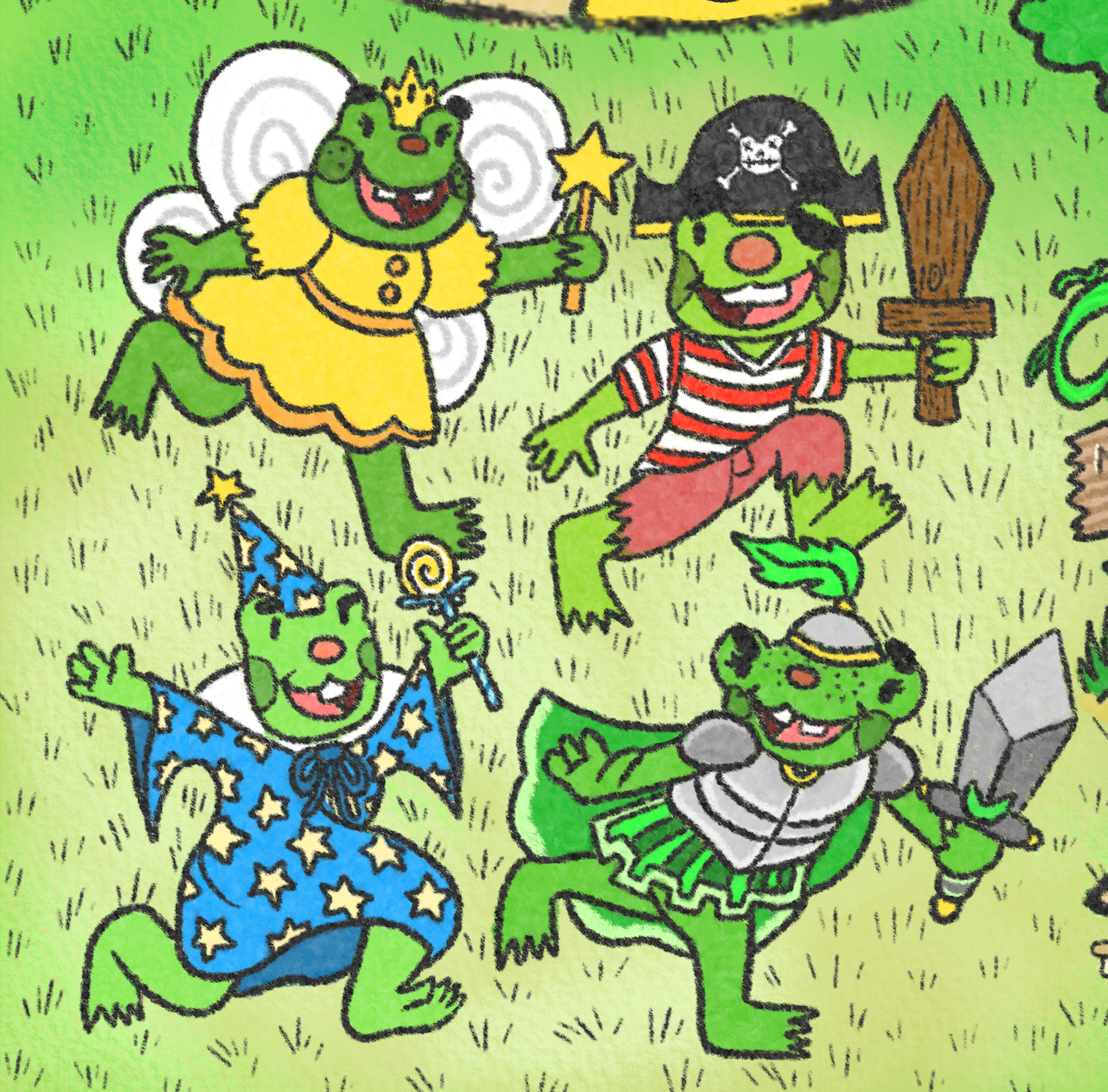 closeup of player characters at the start Adventure to Froggyland Game Board2023