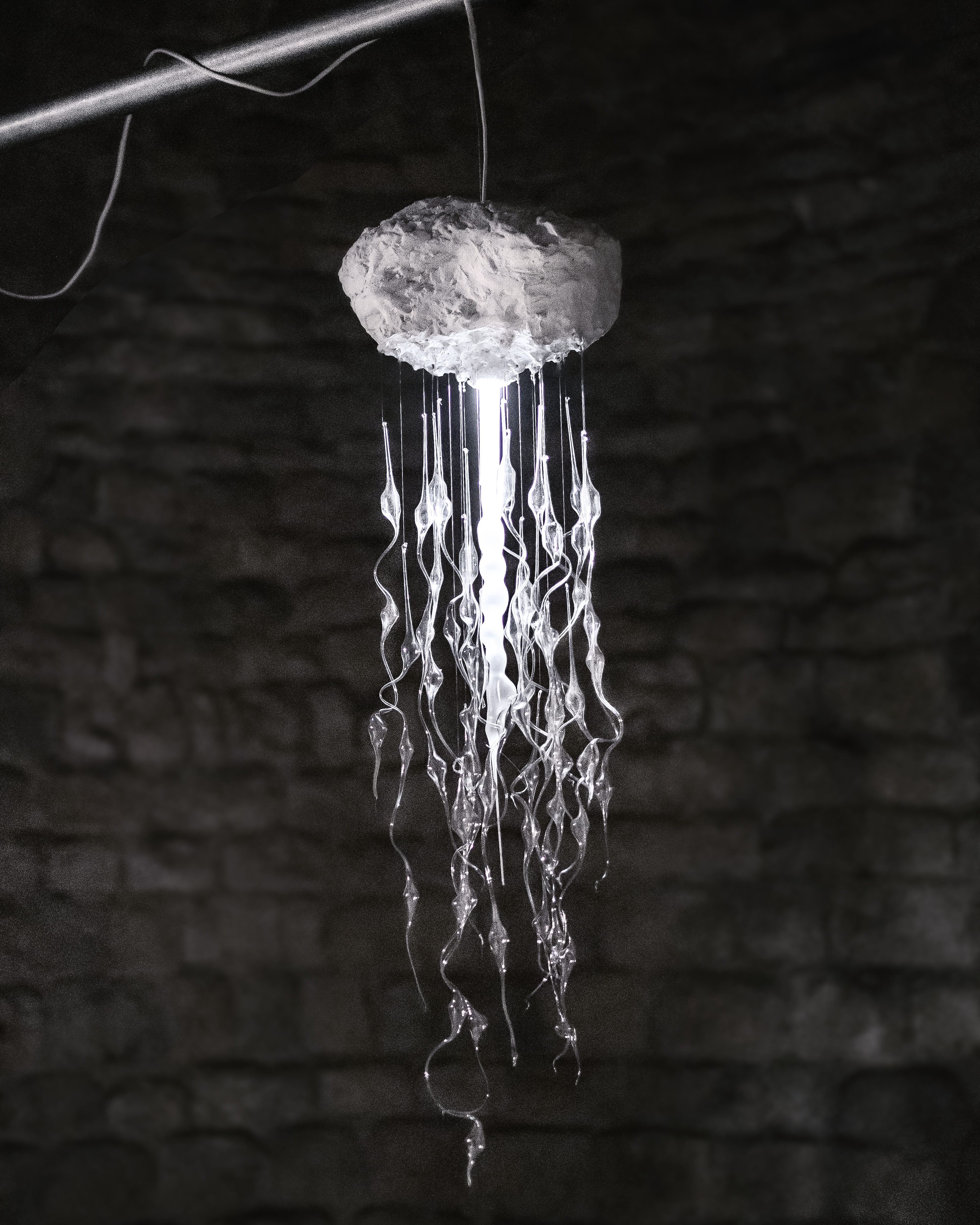 Chandelier made with blown glass exhibited at Capella de Sant Nicolau, Girona. Pelagia Noctiluca from Plaja Studio