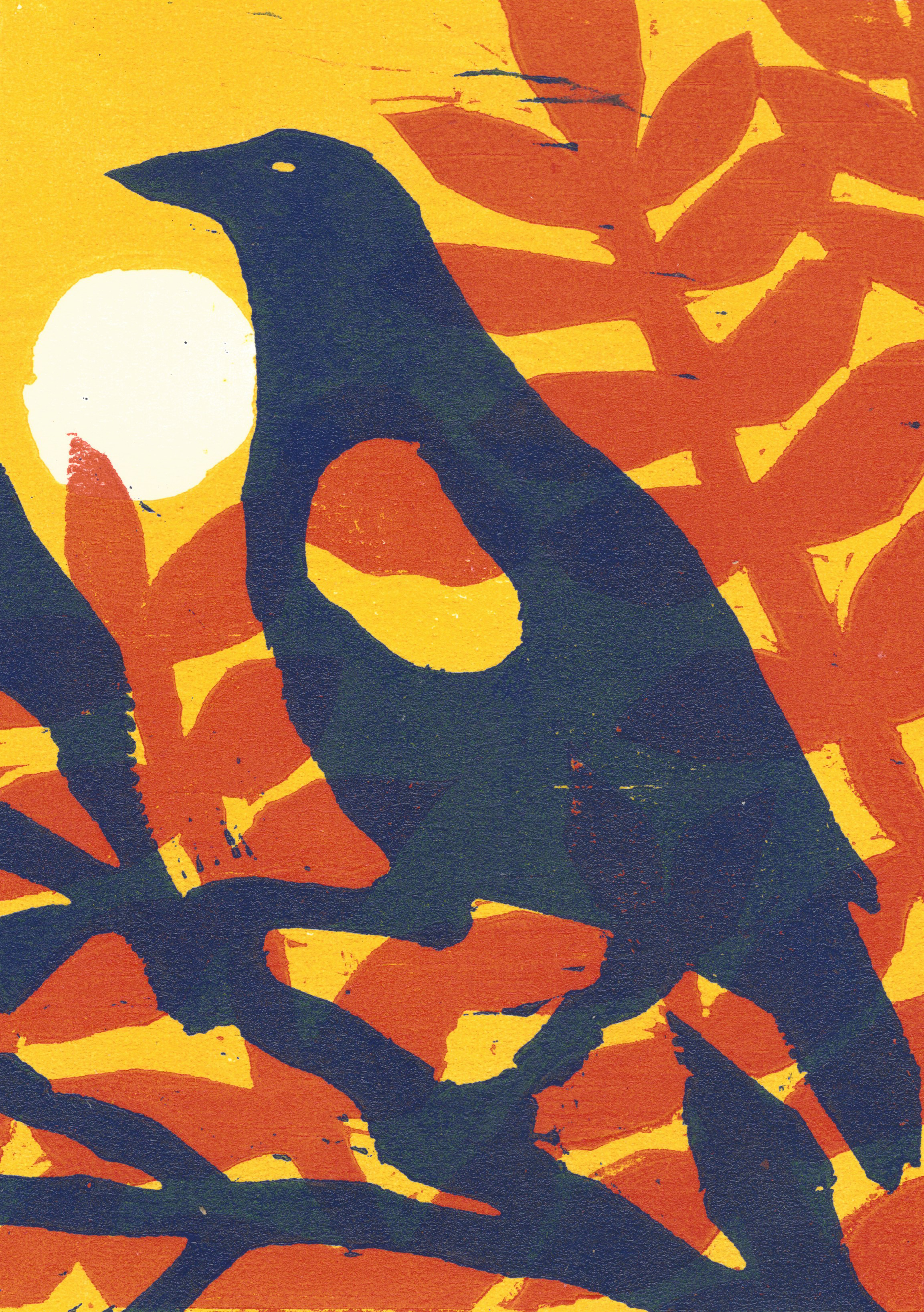 Red Wing in the Sumac, three-layer woodcut