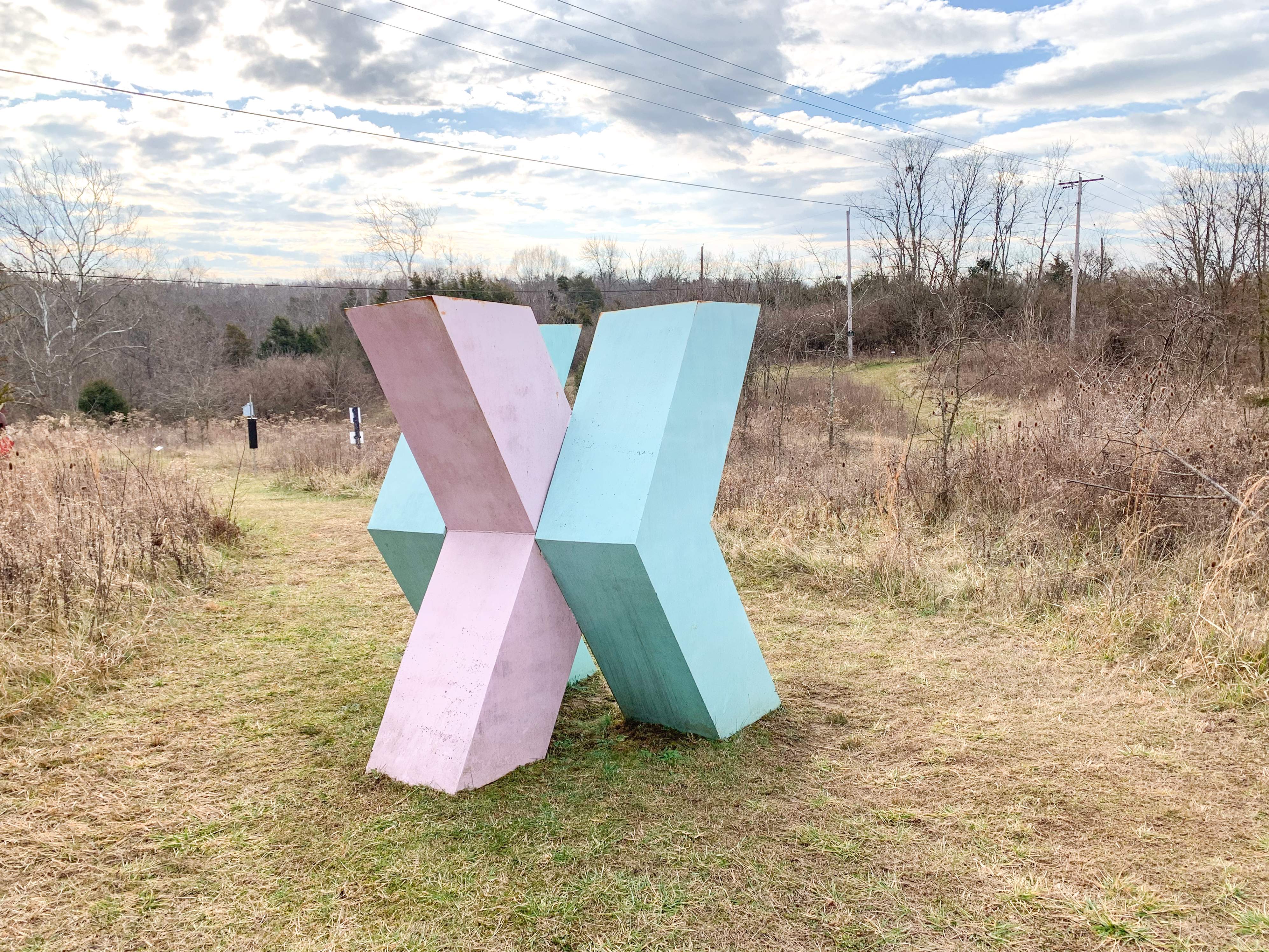 The artwork, Three Chevrons: three large and identical steel fabricated volumes, probably 6” tall, form a series of tidy, intersecting chevrons. The first and last going one direction, and the third, in the middle of the set, going the opposite. They alternate a light blue, and light pink, and stand nearly along in a series of rolling hills in the Kentucky winter.