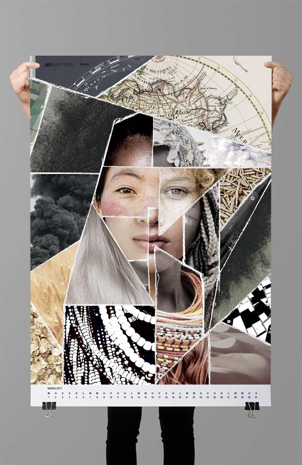 Part of a special calendar printed on natural Favini paper in collaboration with Bevilacqua La Masa. The calendar&rsquo;s theme was &ldquo;Society.&rdquo; &ldquo;Tears&rdquo; is a portrait of our society&mdash;a society that moves so fast that people no longer have the time to understand the complex issues surrounding them. The artwork depicts an African head encircled by a halo, filled with the firmament and fragments of territorial maps. The face combines multiethnic features with symbolic elements that represent the phenomenon of emigration.