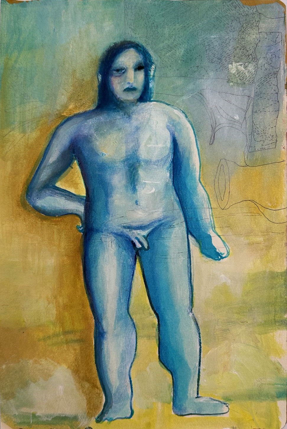 Self portrait in blue - Mixed media on paper - 29x19 cm