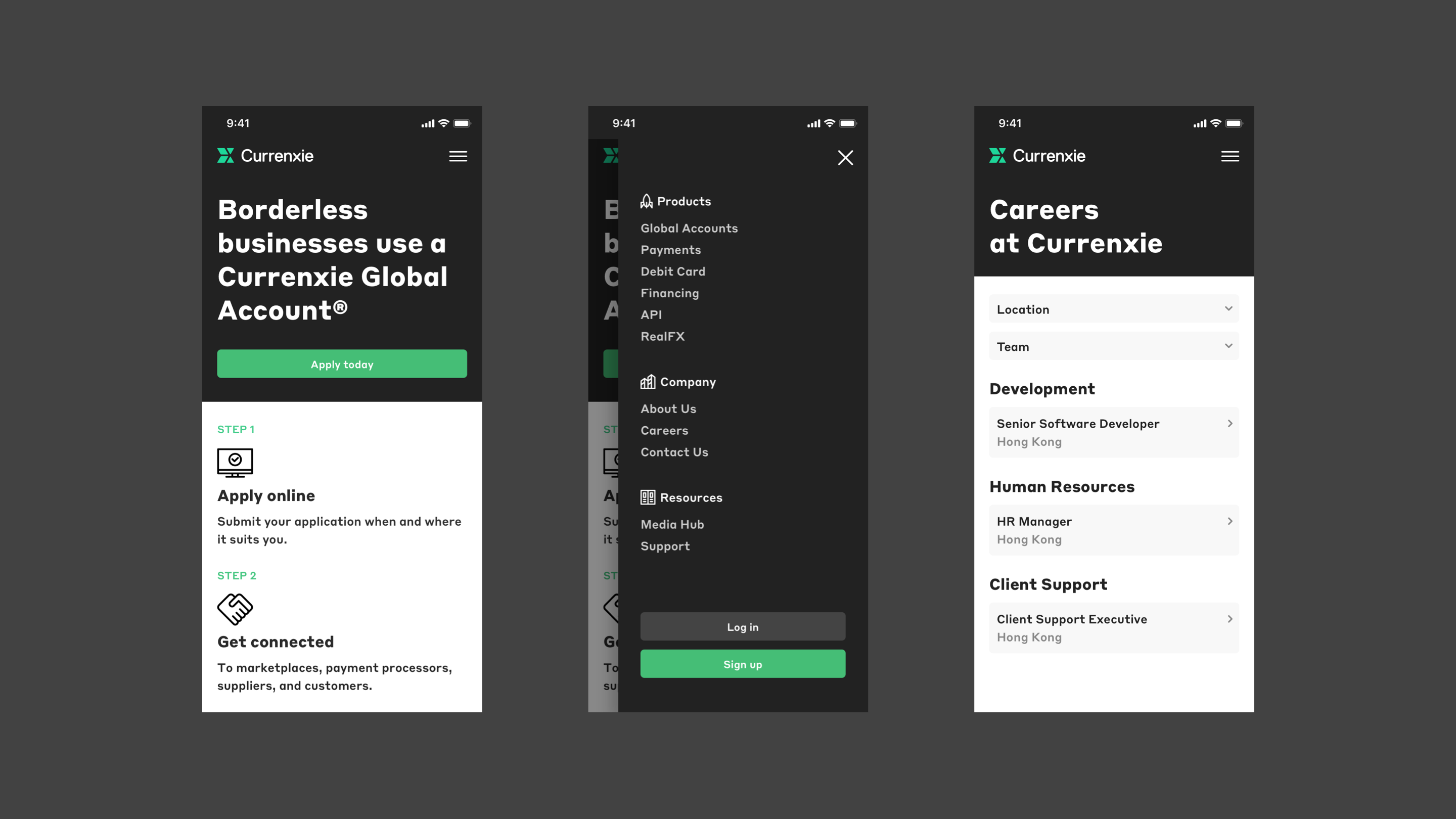 Mobile view of Currenxie's product page, navigation, careers page