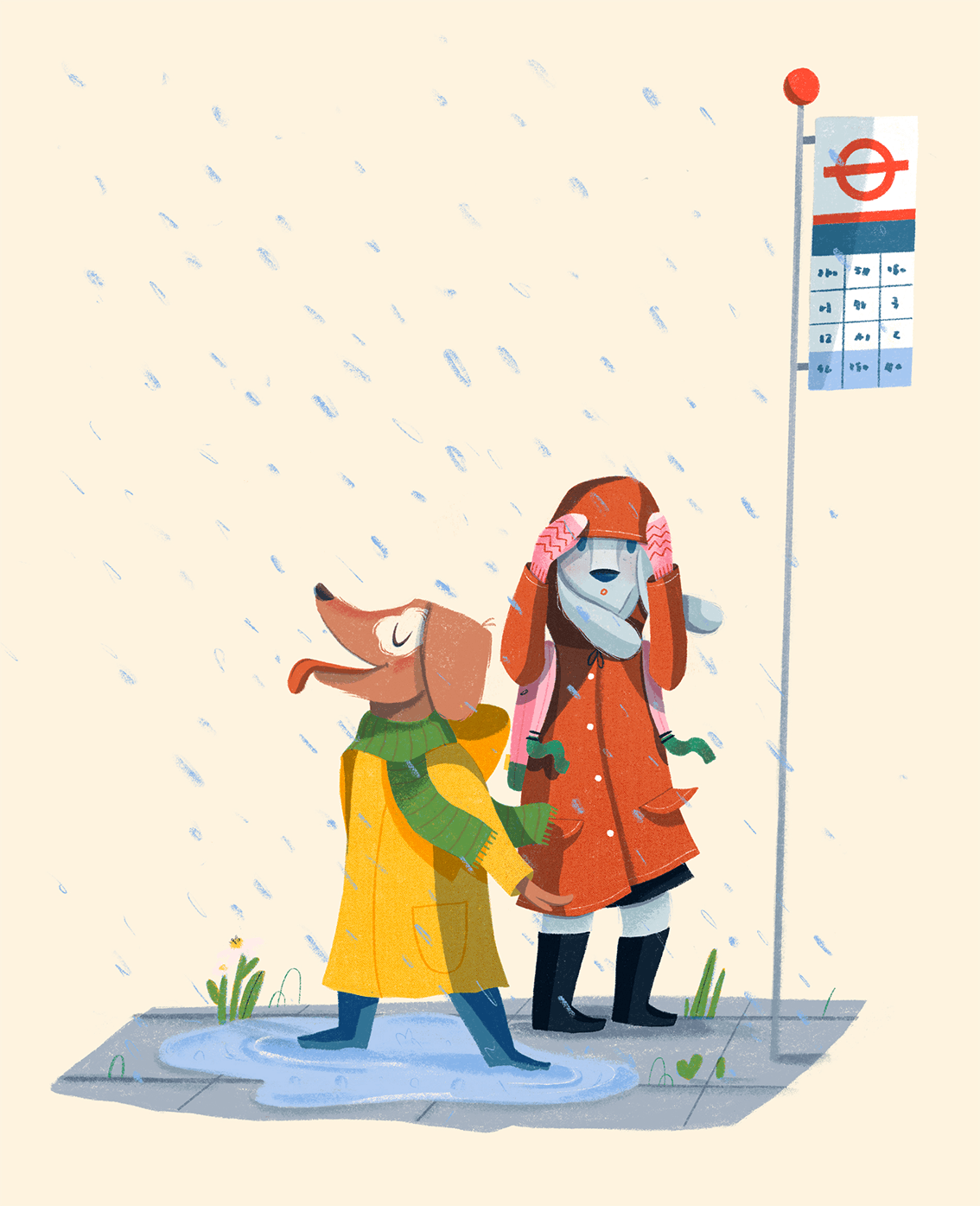 One boy dog wearing a yellow coat and his sister wearing a red coat wait for the bus at the bus stop.