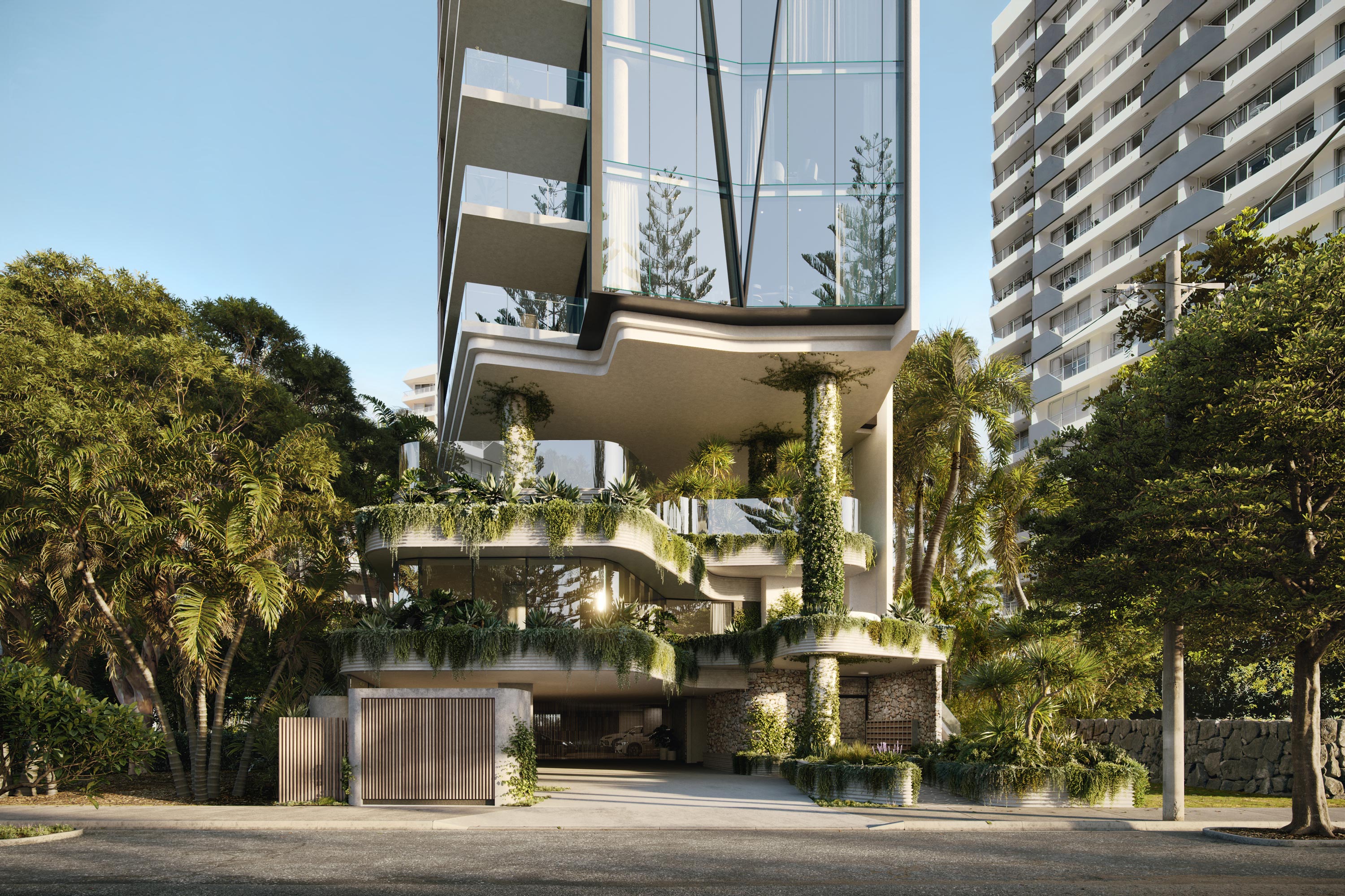 Podium level with cascading landscape to Enderley Avenue tower in Surfers Paradise on the Gold Coast.