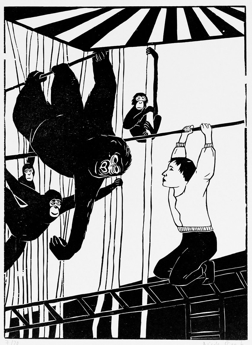 Holzschnittgrafik zum Thema Menschen und Affen