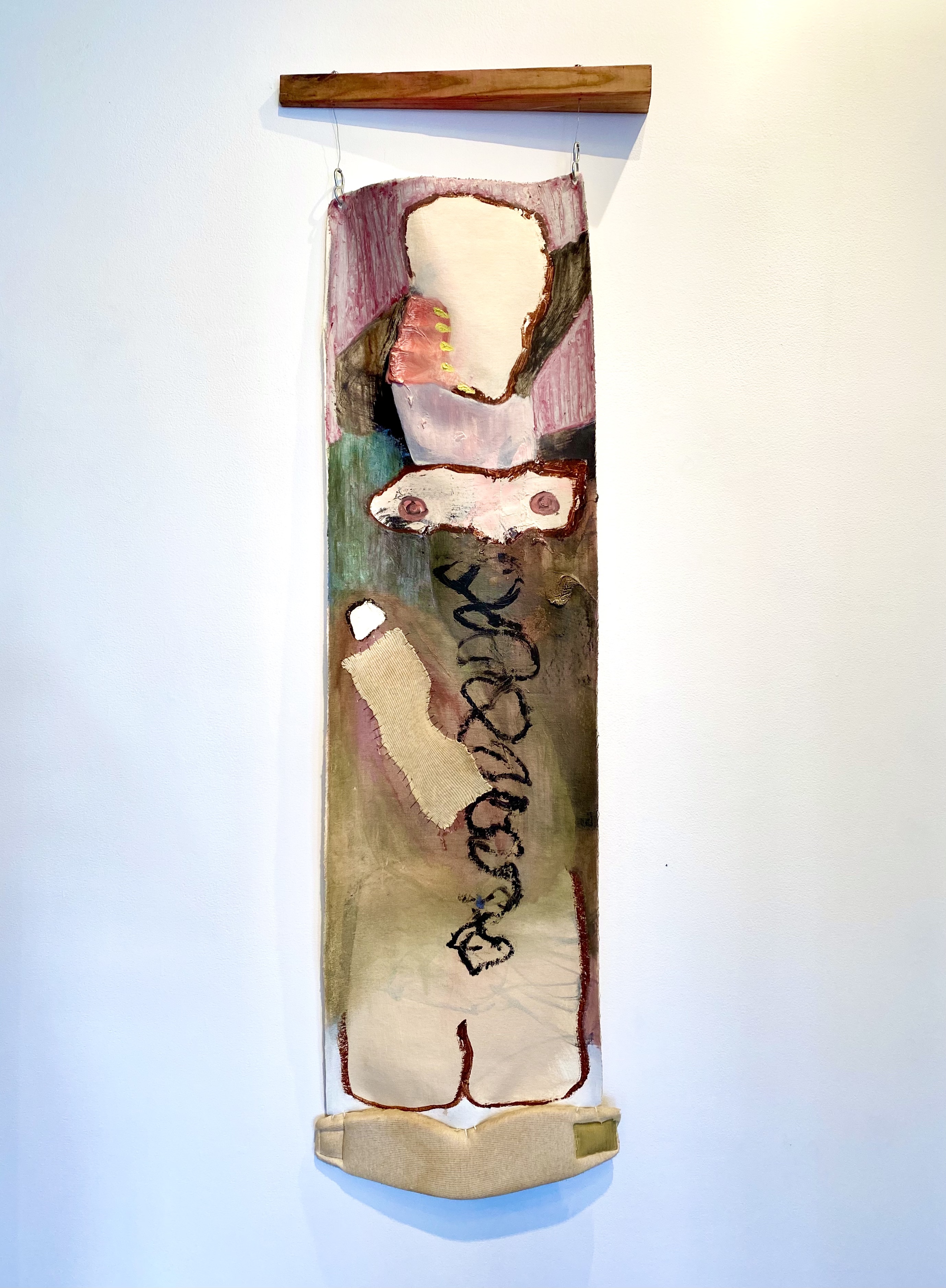 choke hold Ann Haley17 x 61 inchesOil and old neck brace on canvas with found materials2018 SOLD