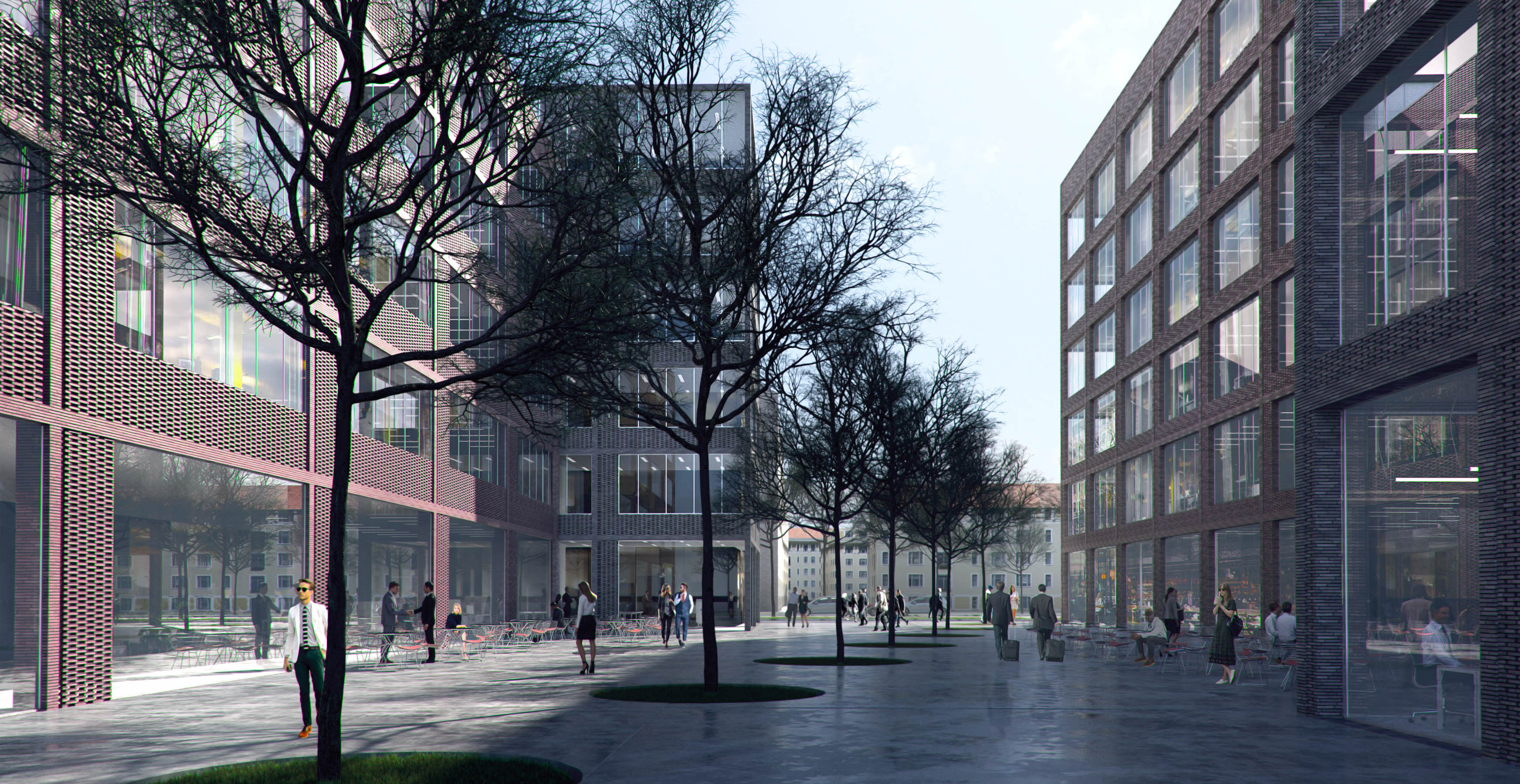 Visualization of the Courtyard of multiple modern brick office buildings in Munich.