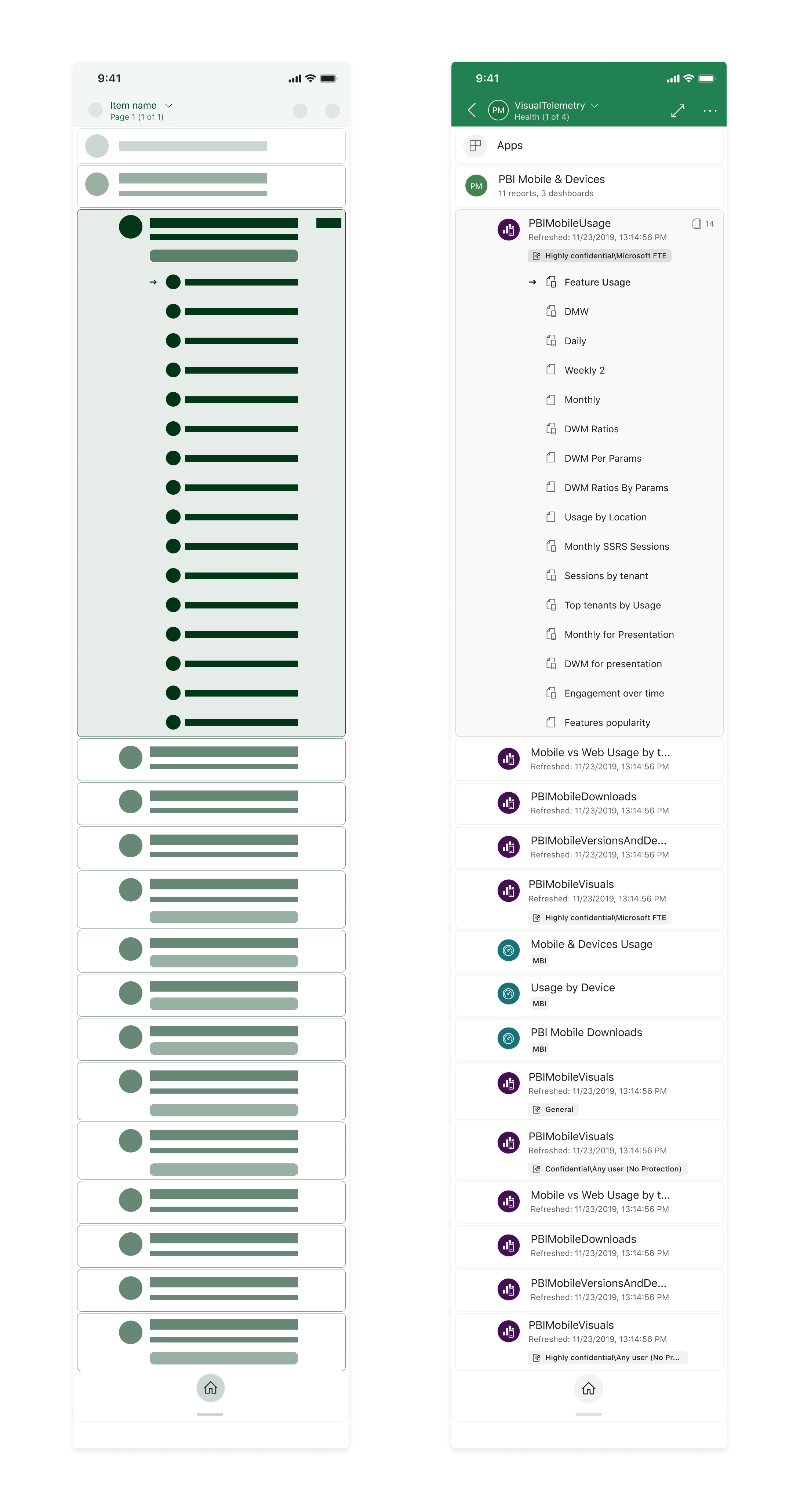 Navigation Tree of a report with 14 pages, in an "App" with 14 items, full view.