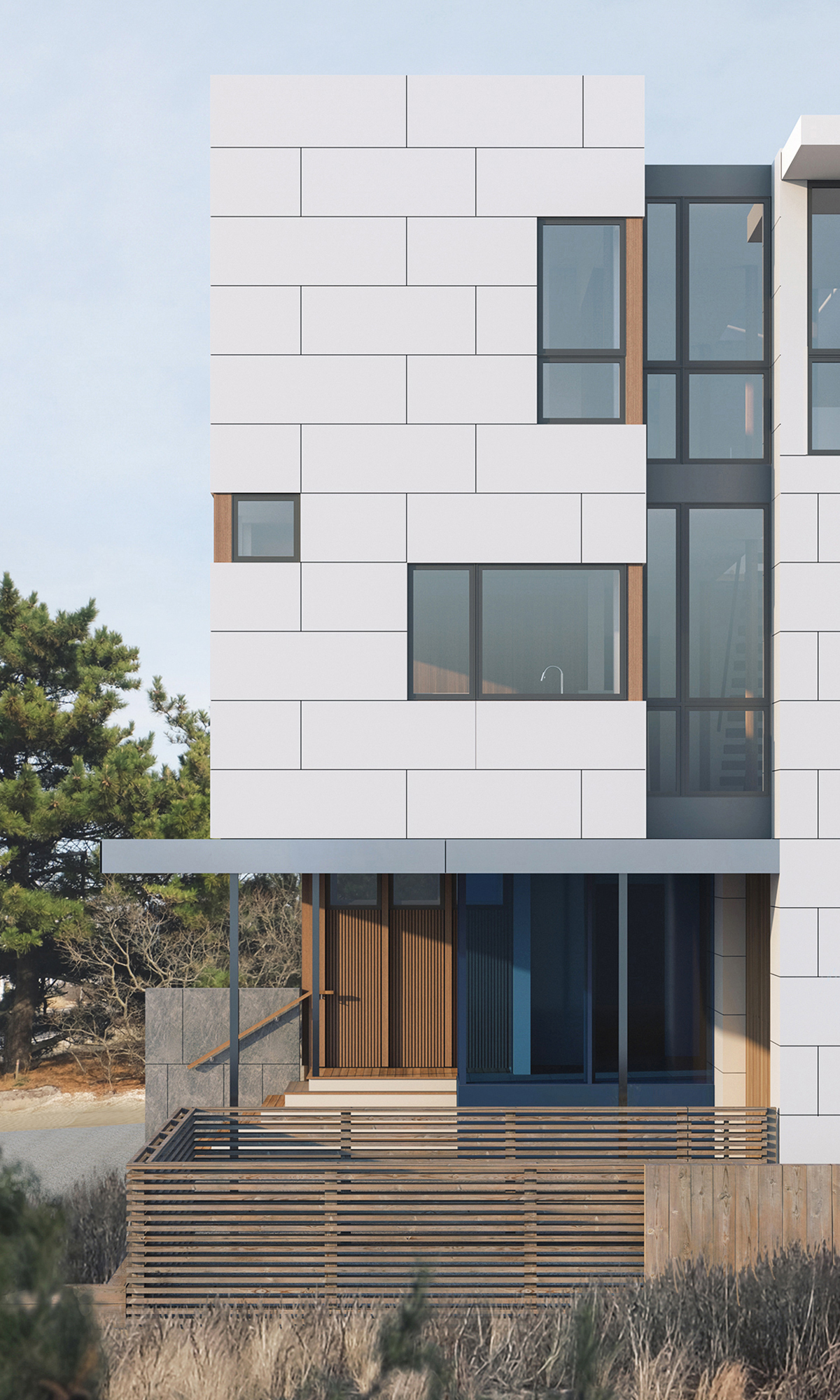 Close-up architectural rendering of the Beach Roost South Facade entry, showcasing the smooth white panelized rainscreen cladding above an elevated wood slat deck and covered entrance with a vertical wood door.