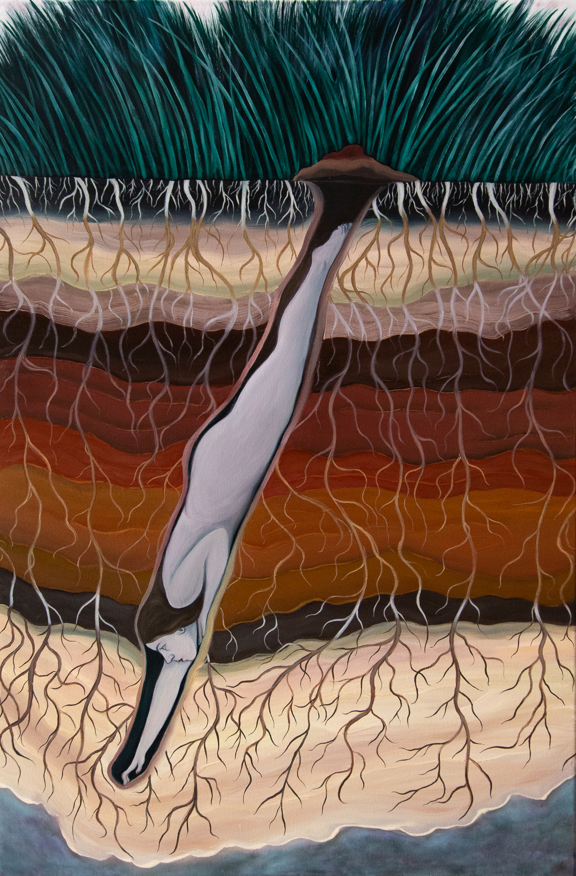 Painting of nude woman with a light skin tone, seen in profile, as she burrows into the ground among layers of soil, clay, roots, and rock, with tall green grass above.